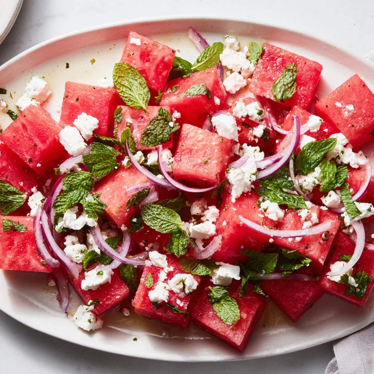 Close up revealing the refreshing textures of a Watermelon Feta Salad, perfect for any vegetarian meal.