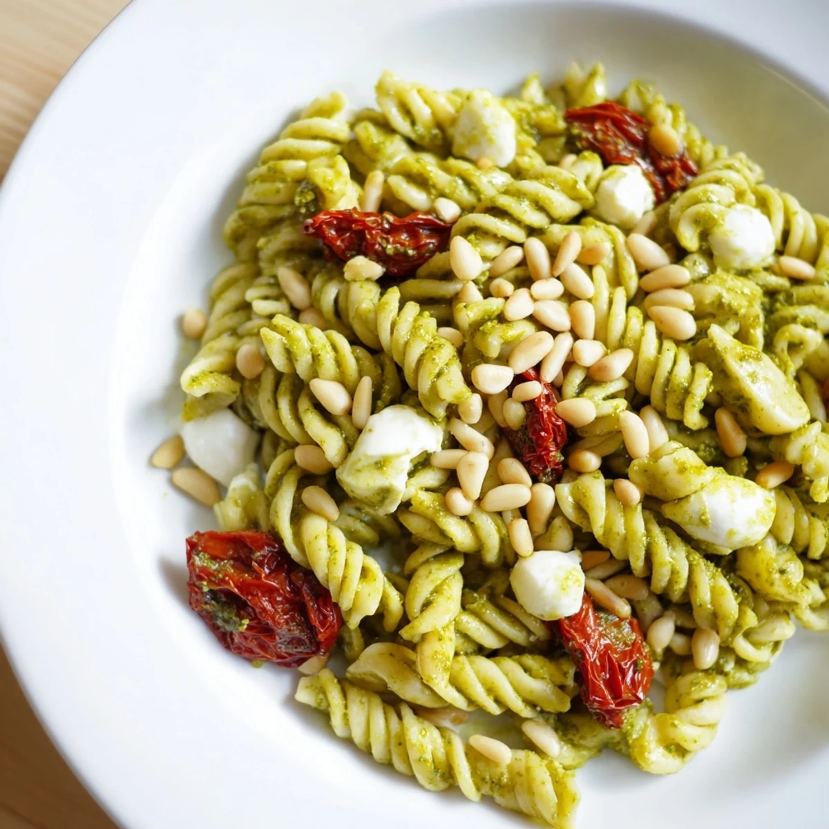Vibrant Pesto Pasta Salad with sun-dried tomatoes, mozzarella, and toasted pine nuts is ready to serve.
