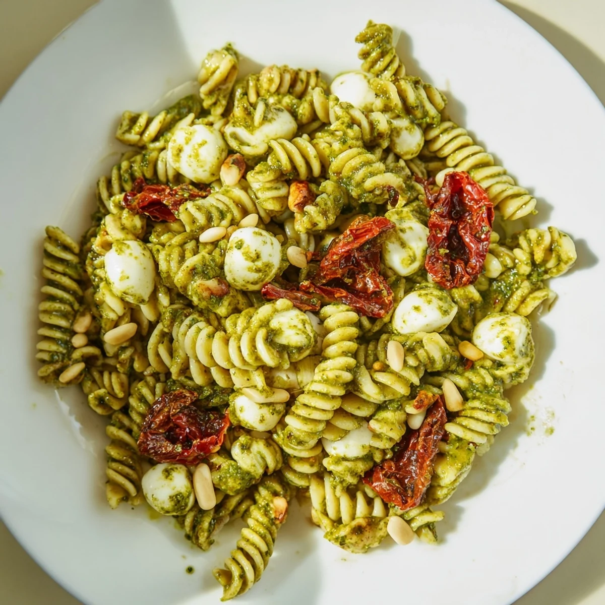 Cool, refreshing Pesto Pasta Salad, a delicious vegetarian dish, perfect for a summer picnic.