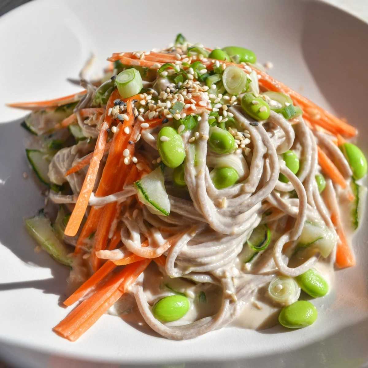 Vibrant Asian Sesame Noodle Salad, showcasing chilled noodles with fresh vegetables and creamy sesame dressing.