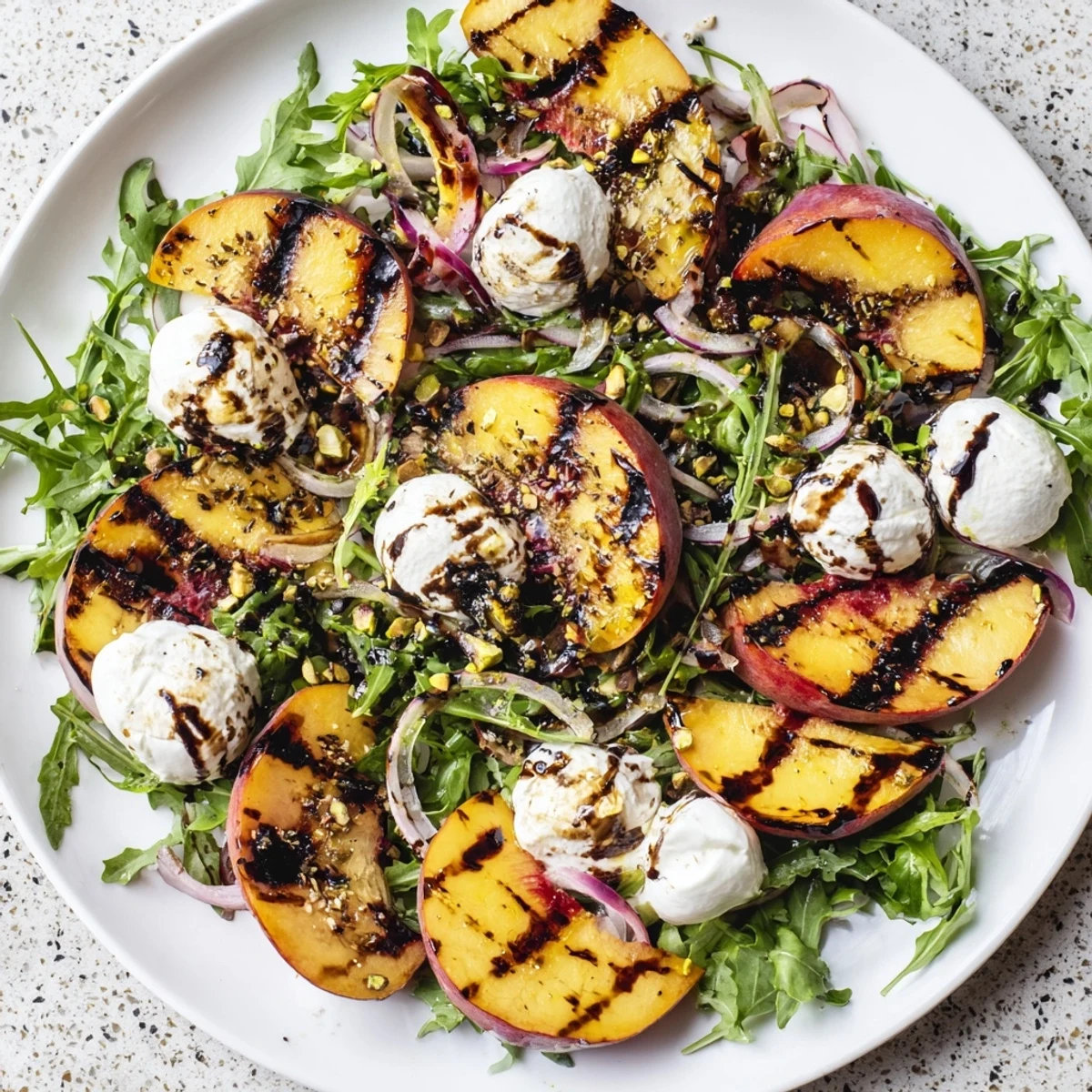 Flavorful grilled peach salad drizzled with balsamic glaze, garnished with toasted nuts, ready to eat.