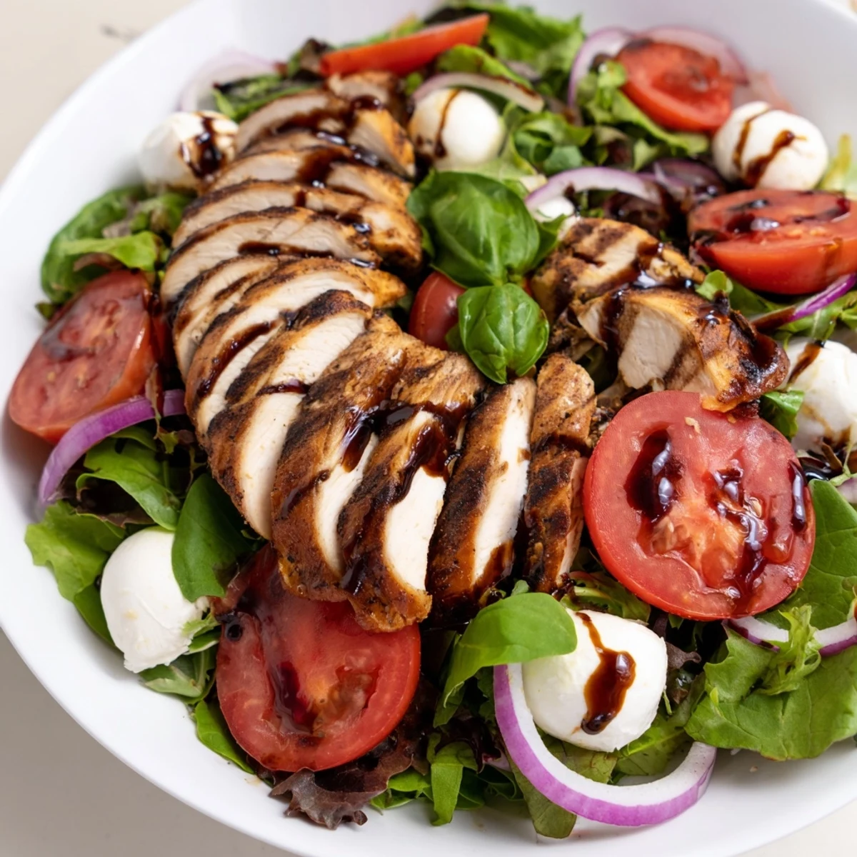 Caprese Chicken Salad: A close-up of juicy grilled chicken and vibrant tomatoes layered.