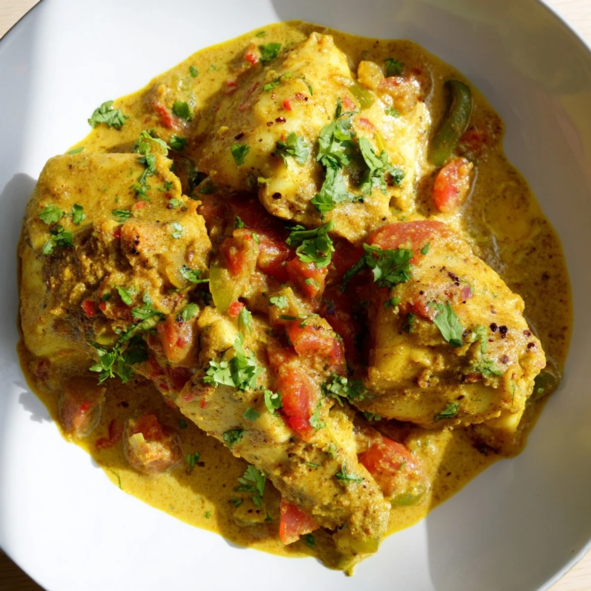 Close-up of flaky white fish swimming in flavorful Bahraini Fish Curry, perfect for dinner.