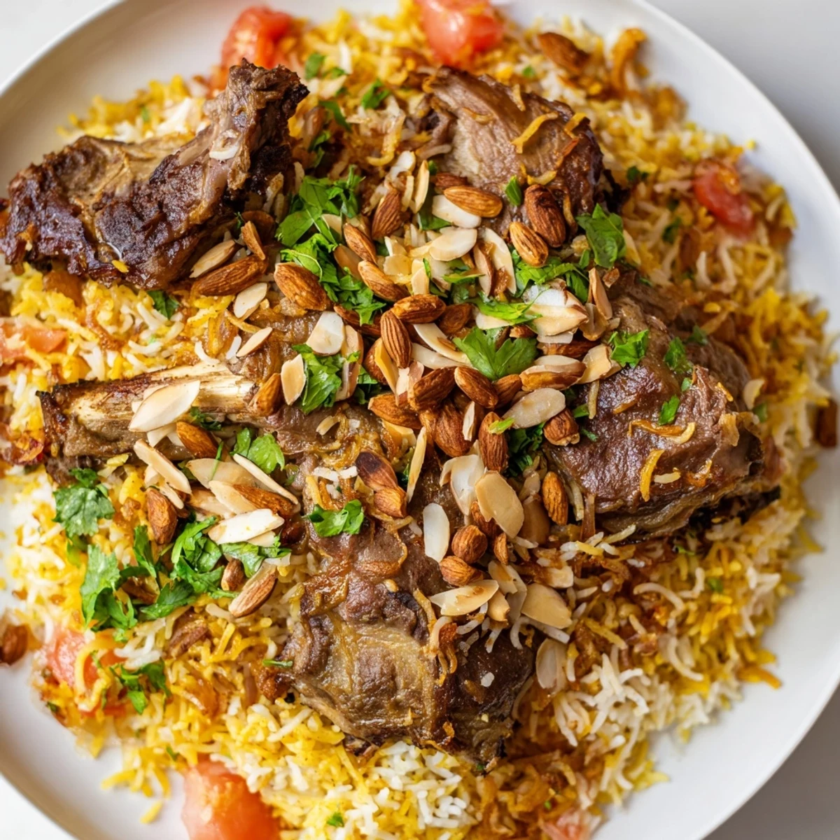 Steaming Qatari Majboos features fluffy rice and tender lamb, offering a delightful aroma.