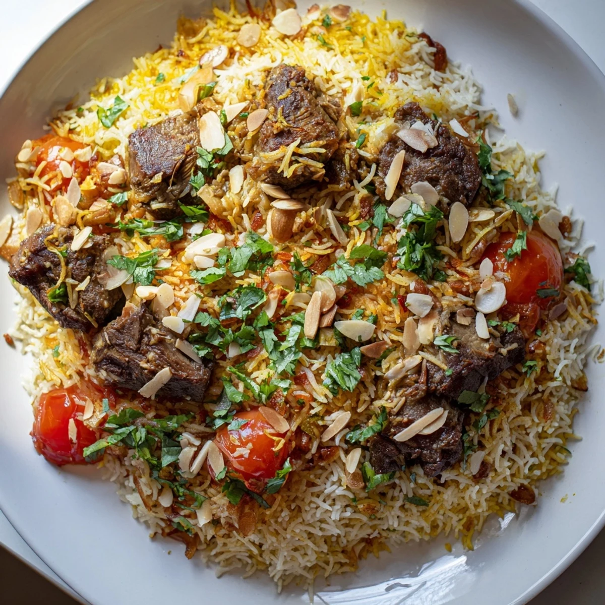Aromatic Qatari Majboos, with fluffy rice and tender meat, garnished with cilantro and almonds.