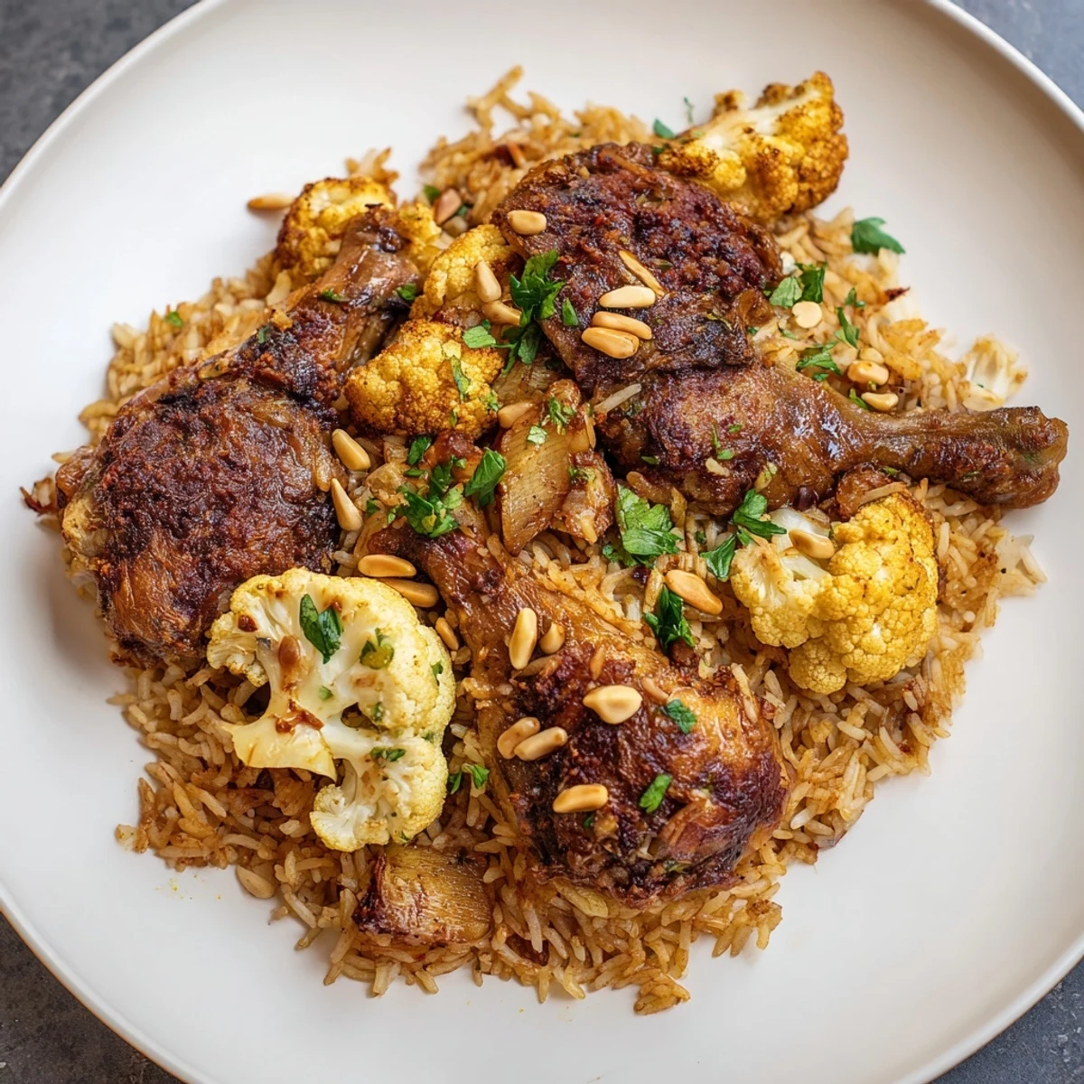 A beautifully inverted Palestinian Maklouba showing layered rice, vegetables and tender chicken.