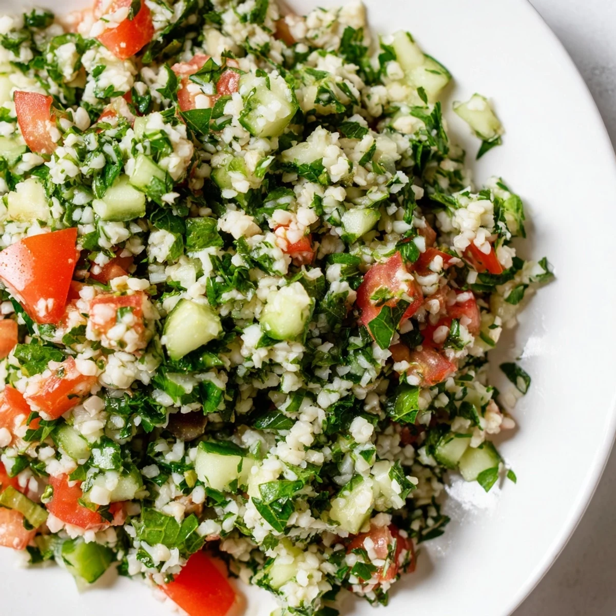 A bright, fresh bowl of Lebanese Tabbouleh Salad with vibrant herbs and diced tomatoes, ready to serve.