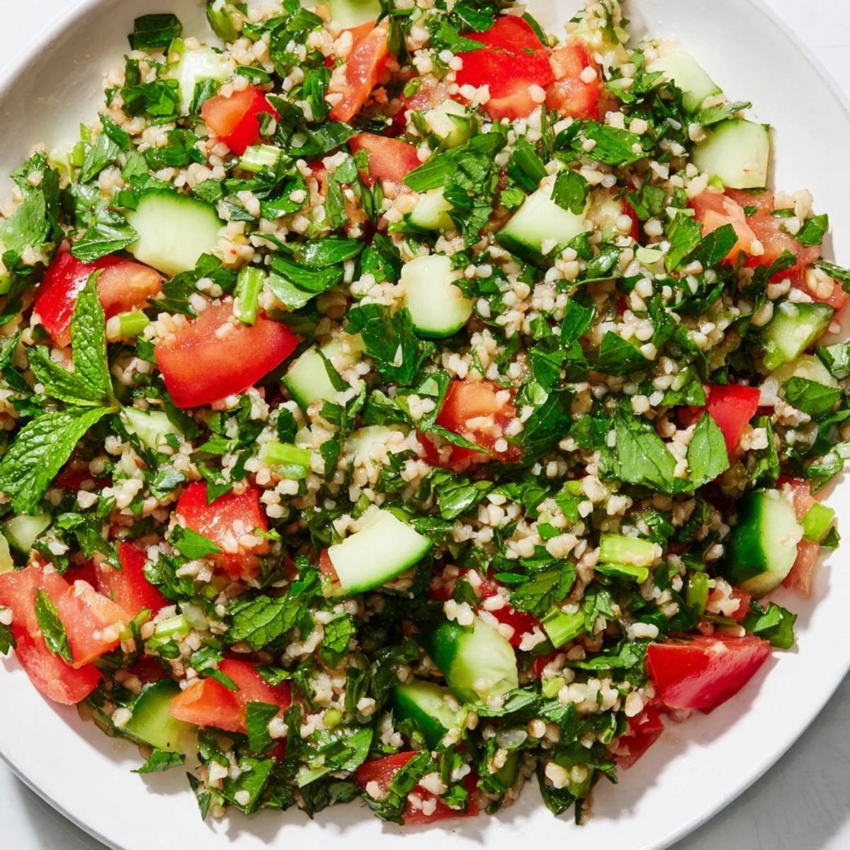 Close-up of a flavorful Lebanese Tabbouleh Salad, showcasing juicy tomatoes and fresh herbs in a light dressing.