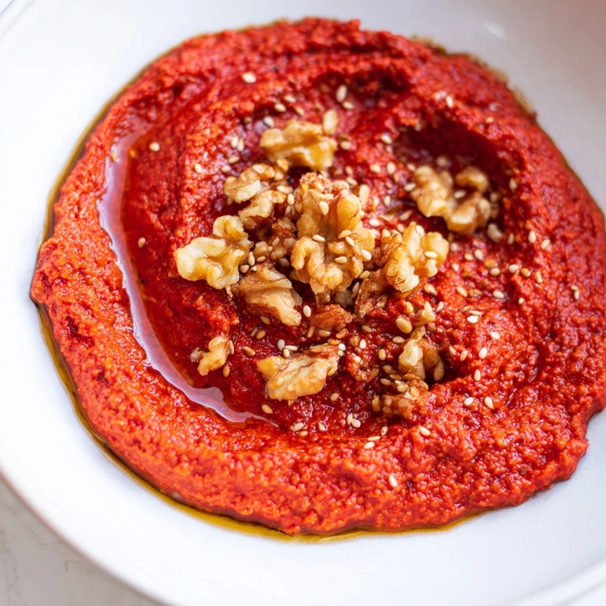 Vivid, reddish-brown Syrian muhammara dip with toasted walnuts, ready for dipping pita bread.