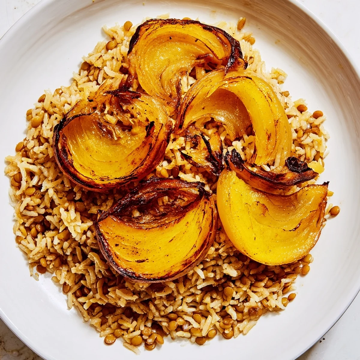 Fragrant Lebanese Mjadra with caramelized onions, a hearty vegan meal.