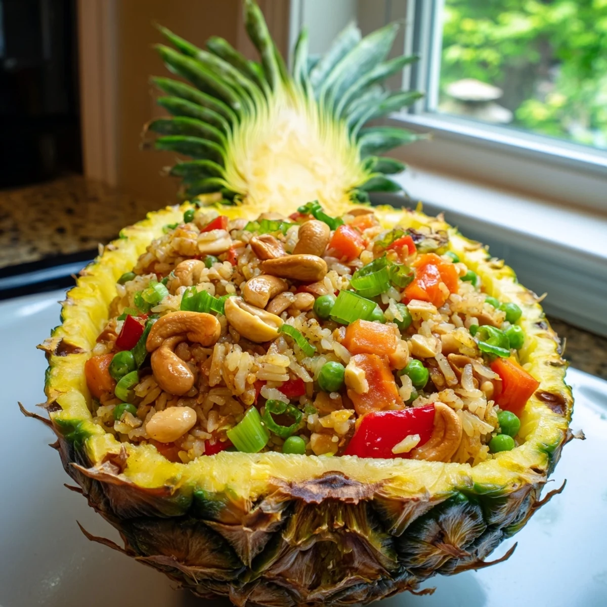 A close-up of Pineapple Fried Rice reveals fluffy jasmine rice, tender peas, and savory seasonings ready to be enjoyed.
