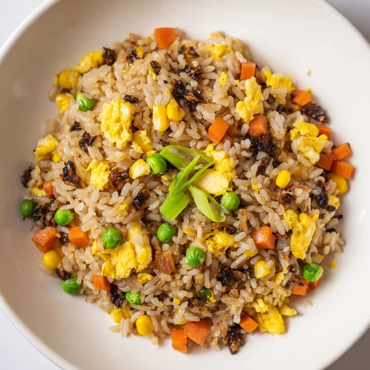 Golden-black garlic fried rice with peas, carrots, and fluffy grains glistening with sesame oil.  