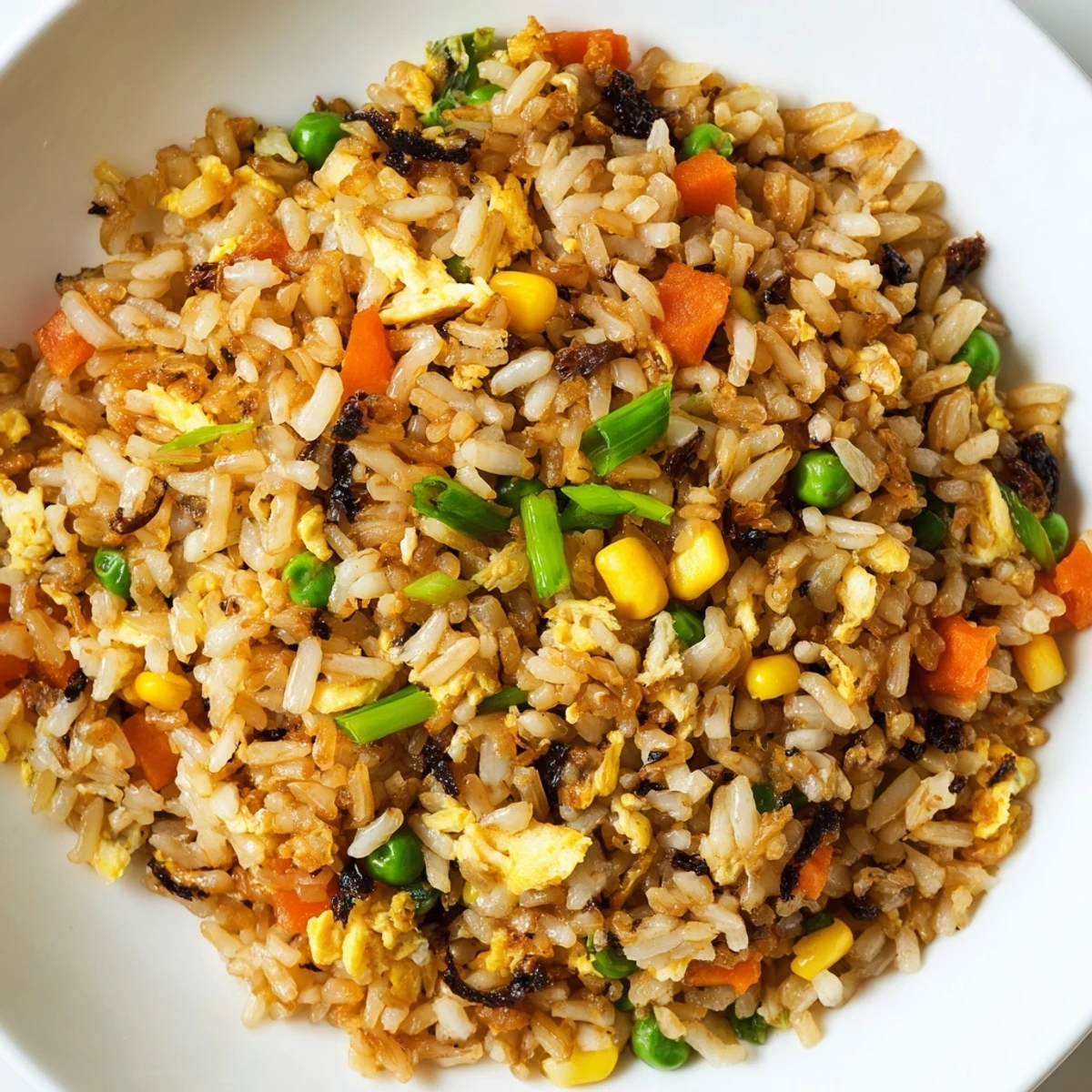 Easy homemade black garlic fried rice in a wok, served hot with colorful mixed vegetables.