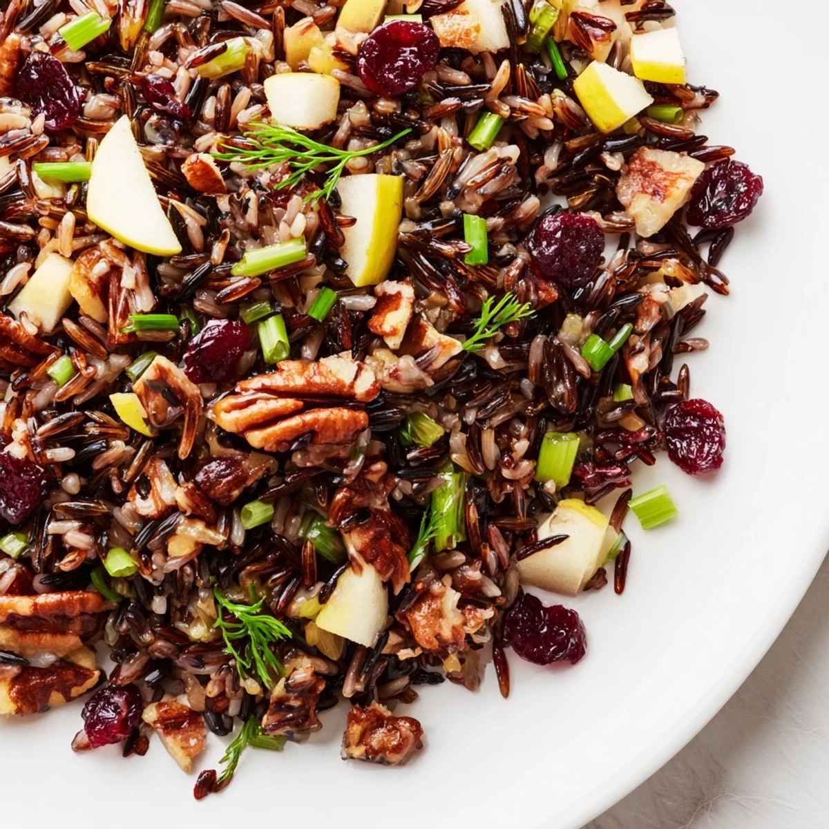 A bowl of Wild Rice Harvest Salad with toasted pecans, dried cranberries, and fresh herbs glistening with vinaigrette.  