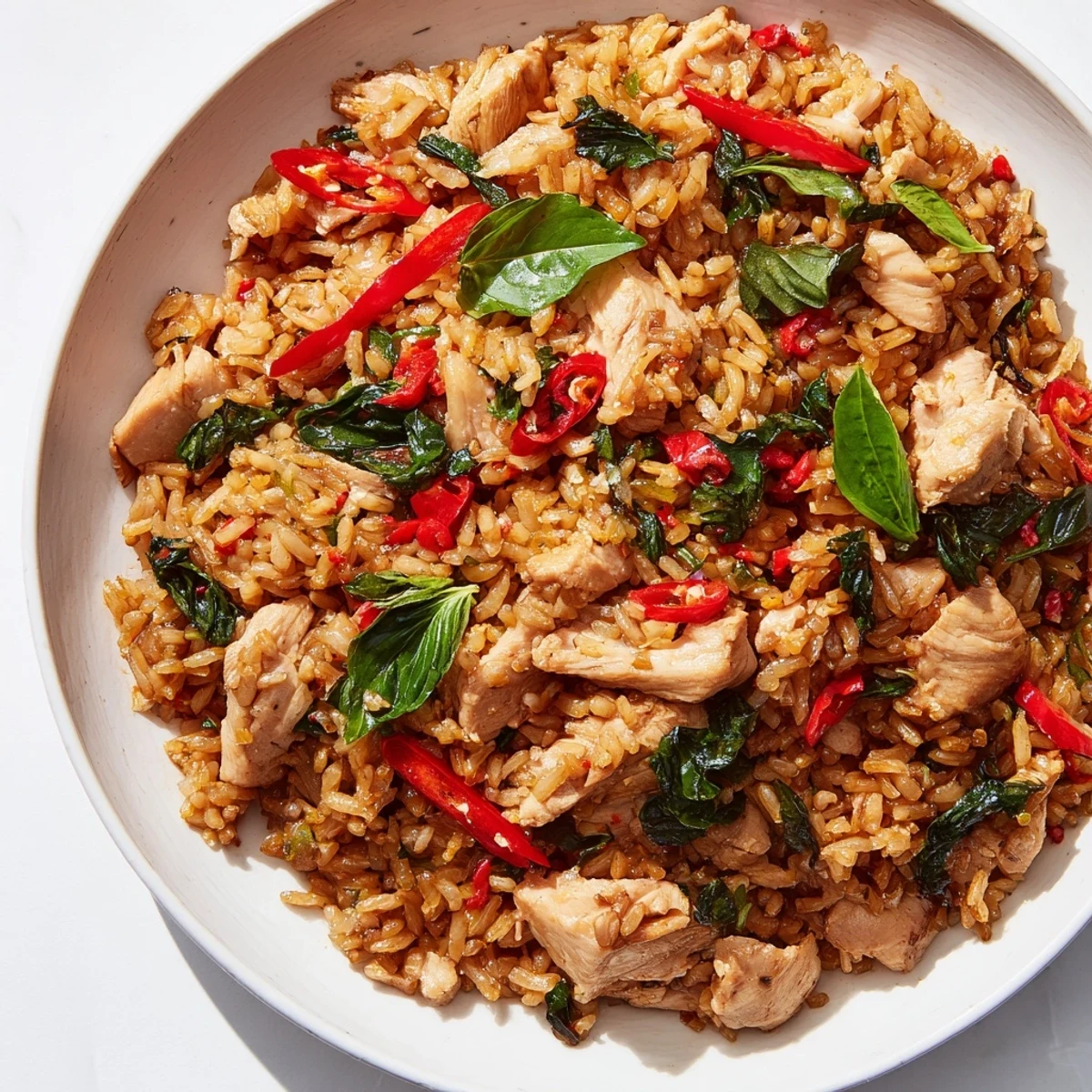 A close-up of Thai Basil Chicken Fried Rice with glistening grains, chilies, and fresh basil garnish.