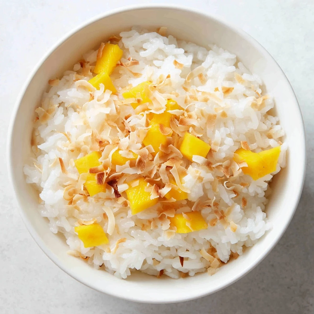 Golden coconut rice sweet in a ceramic dish, garnished with pineapple, evoking a warm, tropical dessert ready to enjoy.