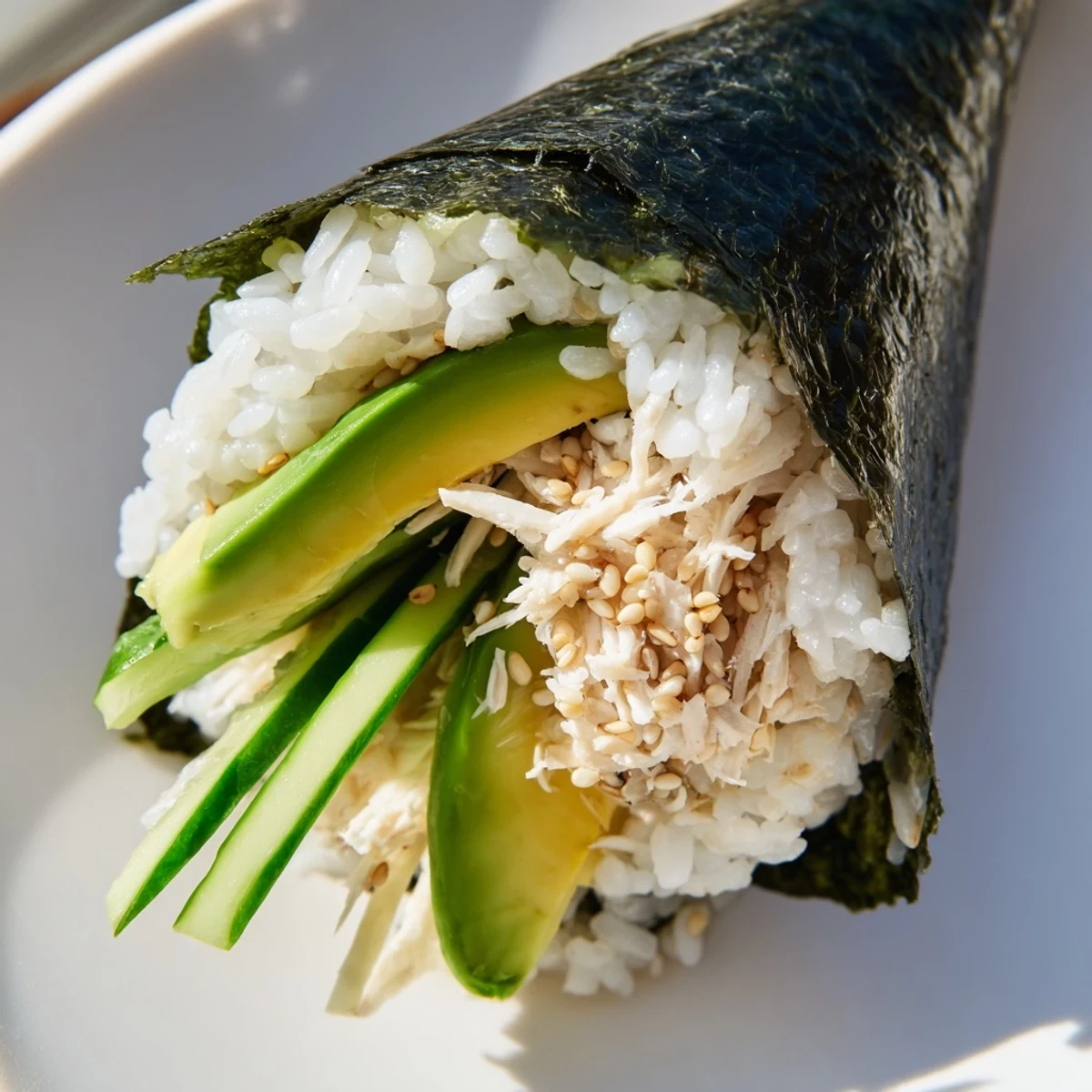 Three freshly made Sushi Rice Hand Rolls filled with creamy avocado, crisp cucumber, and sweet crab, tightly wrapped in a shiny nori cone.