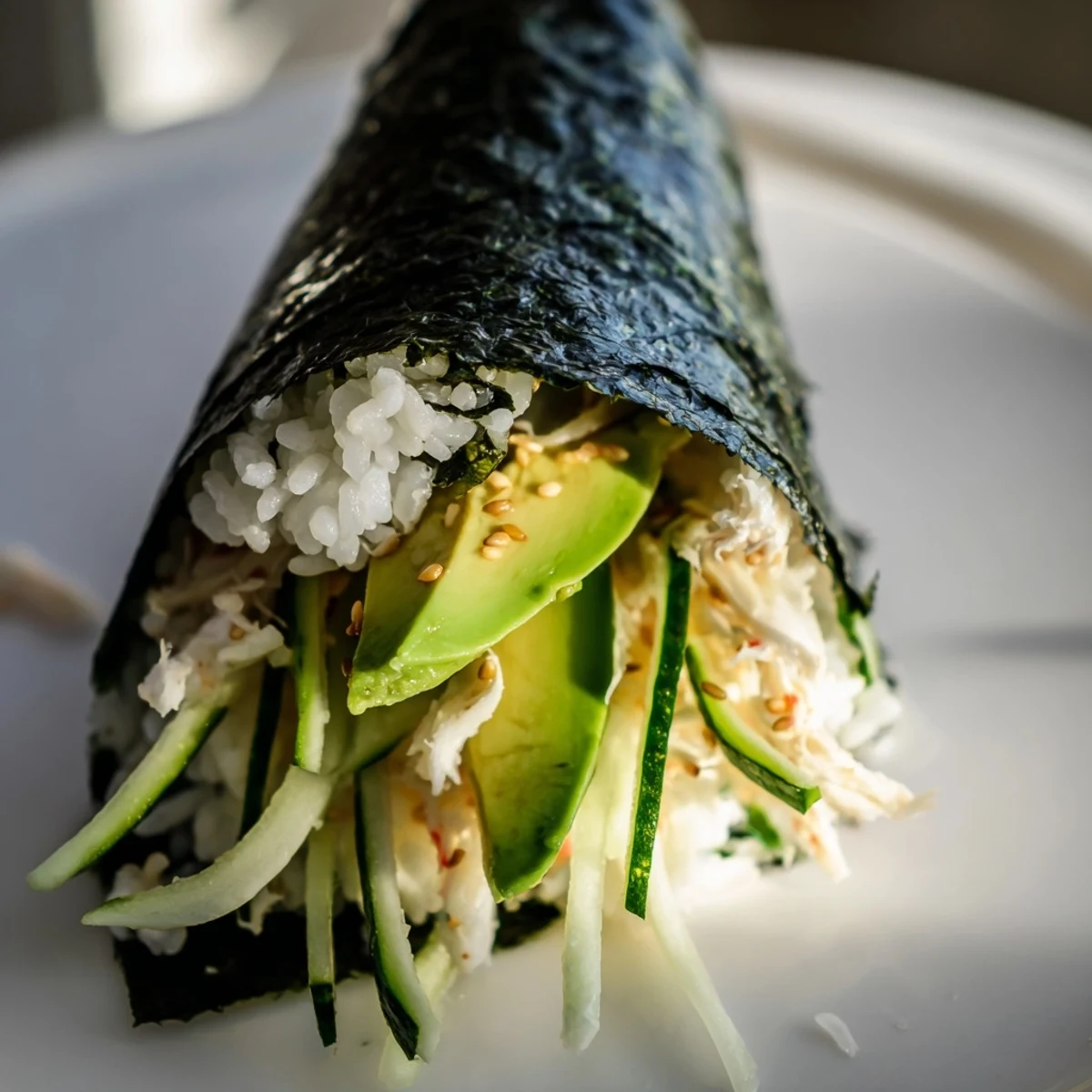 Golden hour light shines on two Sushi Rice Hand Rolls on a wooden plate, accompanied by pickled ginger and a small dish of wasabi.