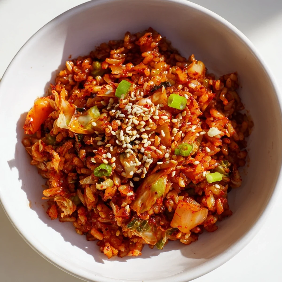 Steaming bowl of homemade Kimchi Fried Rice topped with a golden fried egg and sesame seeds.  