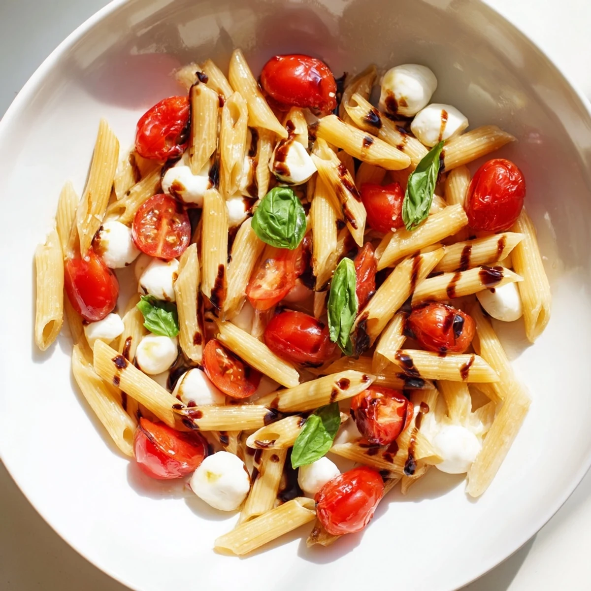 Forkful of Caprese Salad Pasta with halved cherry tomatoes and mozzarella pearls glistening with olive oil.