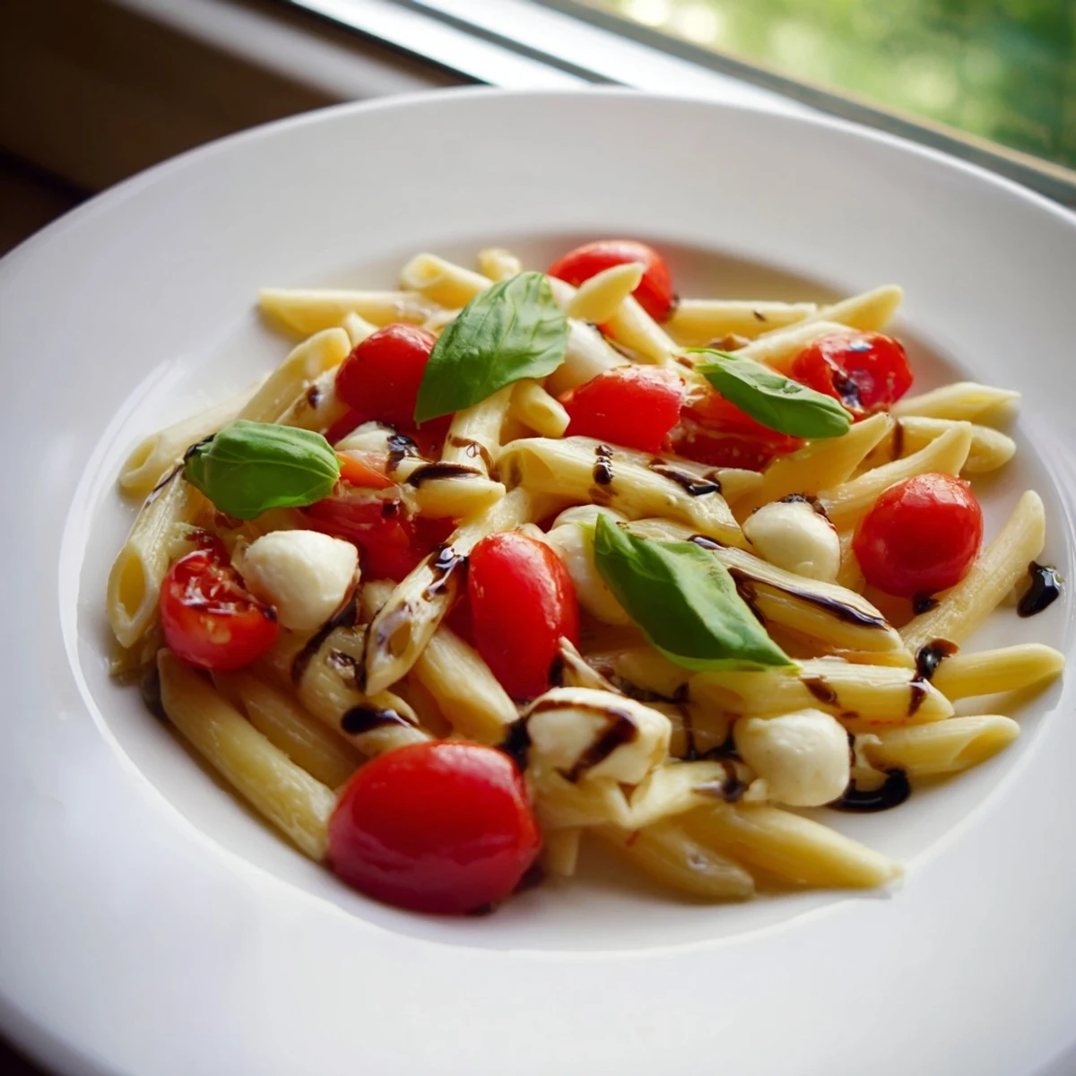 A close-up of Caprese Salad Pasta, al dente penne coated in olive oil and balsamic glaze.