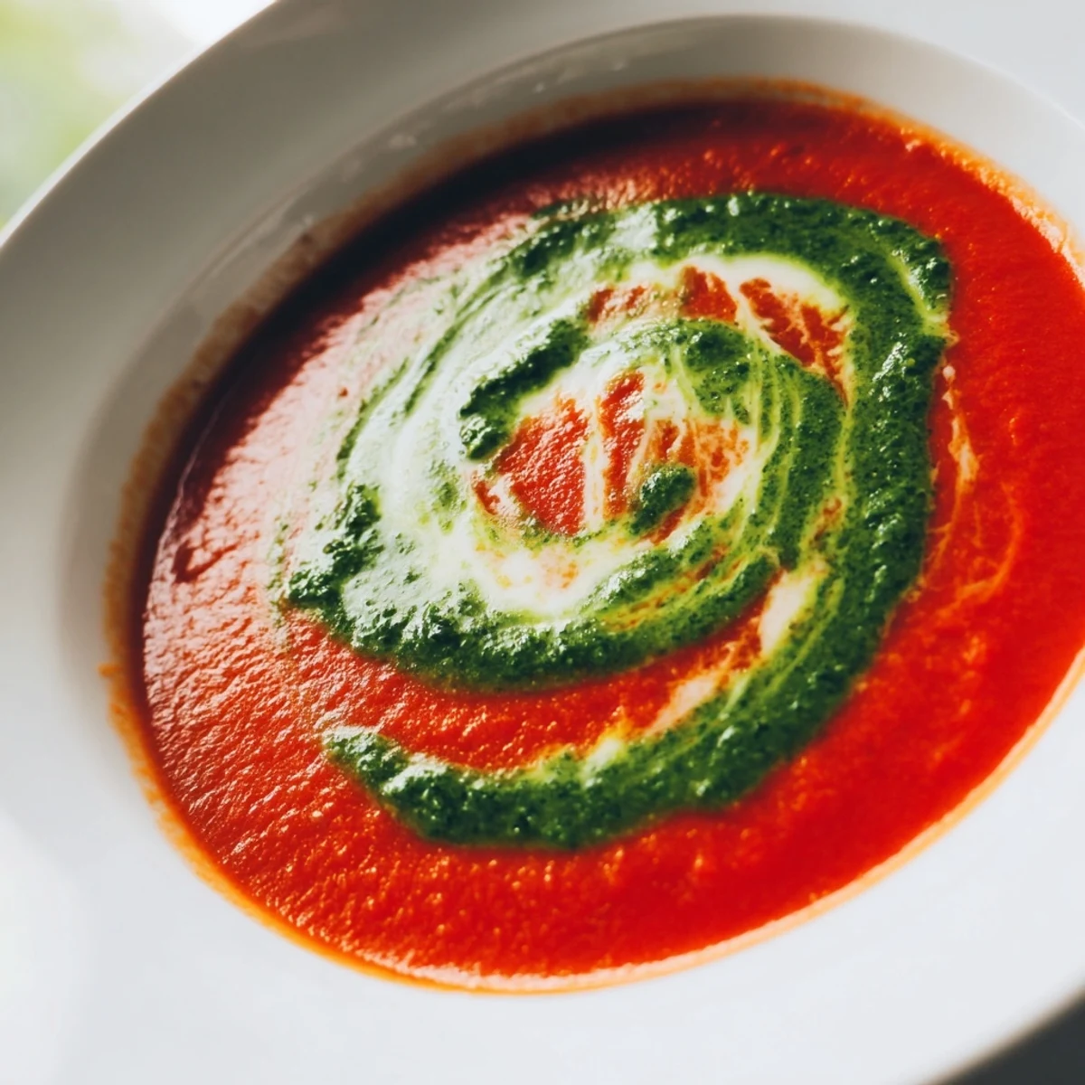 Creamy tomato soup with basil pesto swirl served in a rustic bowl, garnished with fresh basil.  