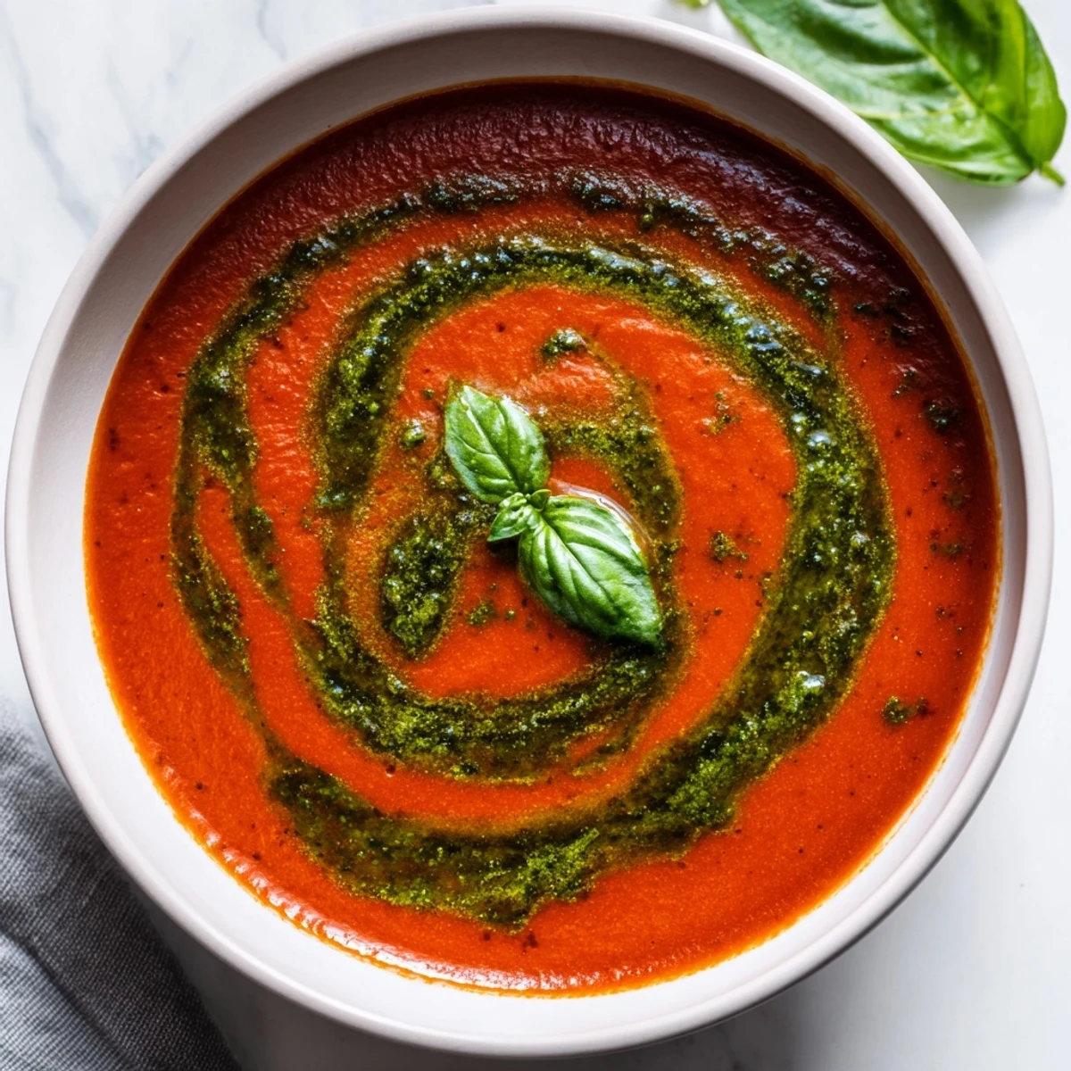 Bright basil pesto drizzled over steaming tomato soup, perfect with crusty bread for dipping.