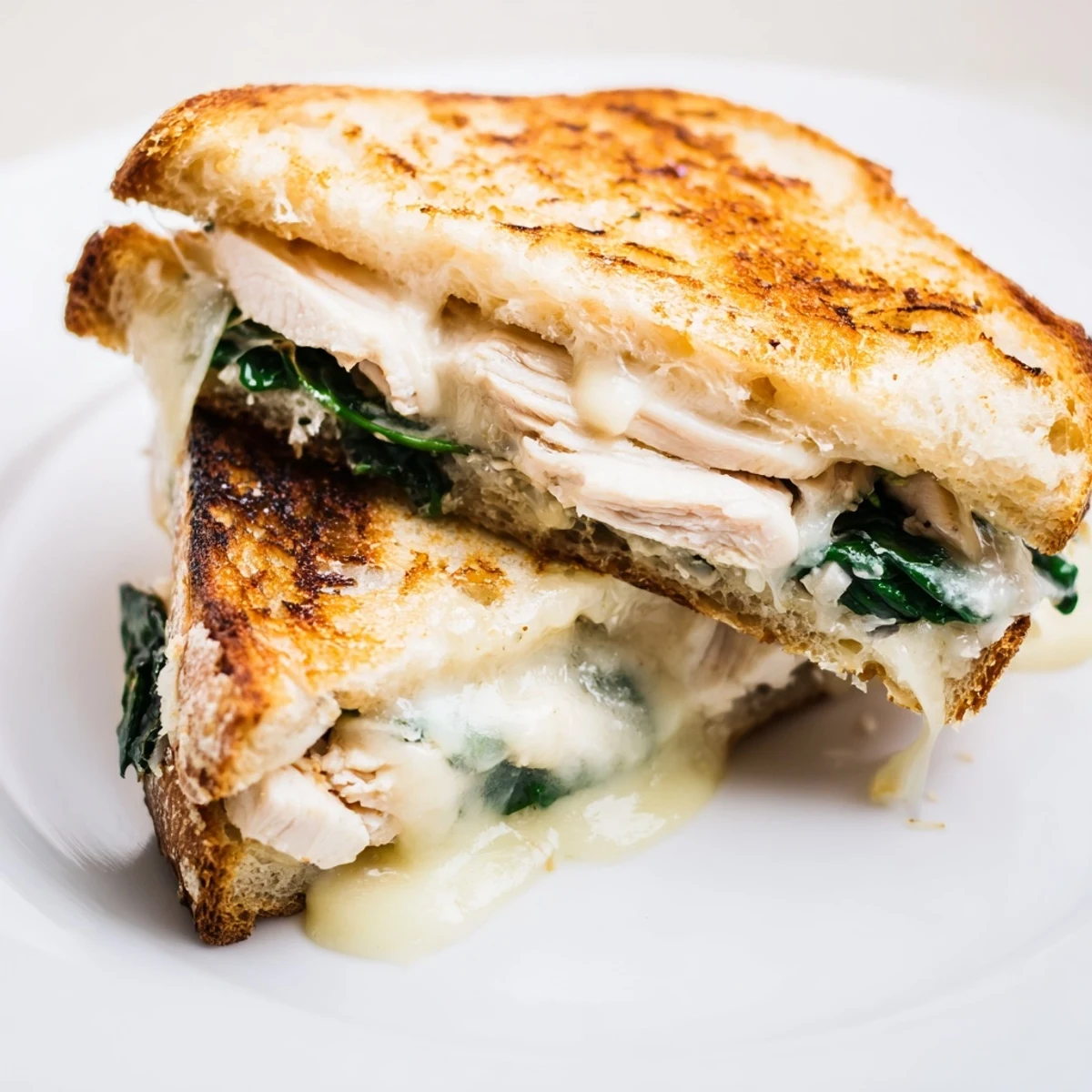 Grilled Chicken Spinach Panini on crusty bread with melty mozzarella and fresh spinach, pressed to golden perfection.