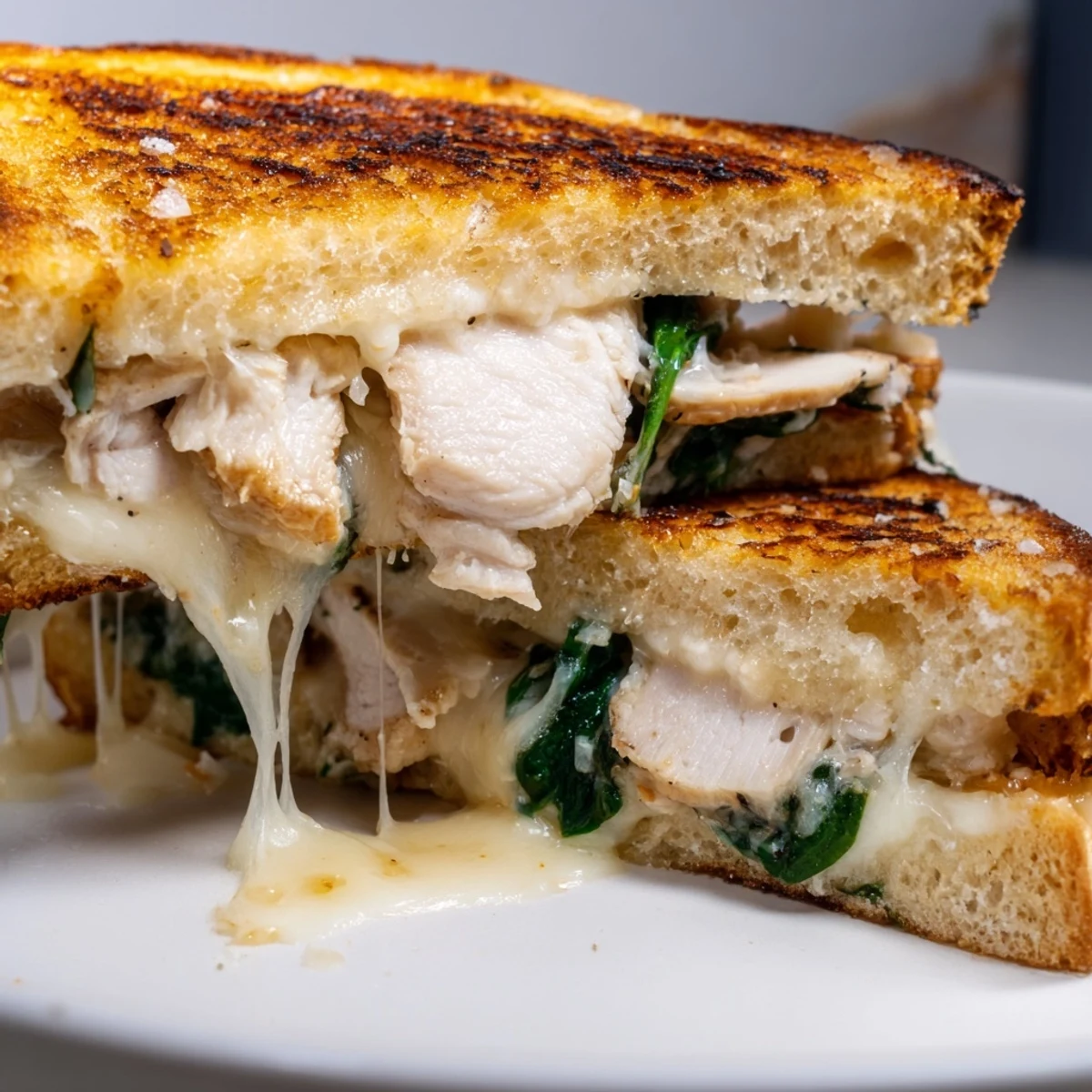 Juicy grilled chicken tucked inside a warm Grilled Chicken Spinach Panini with garlic butter and melted cheese.