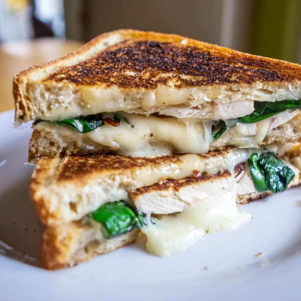 Served hot and sliced in half, this Grilled Chicken Spinach Panini reveals layers of savory chicken and spinach.