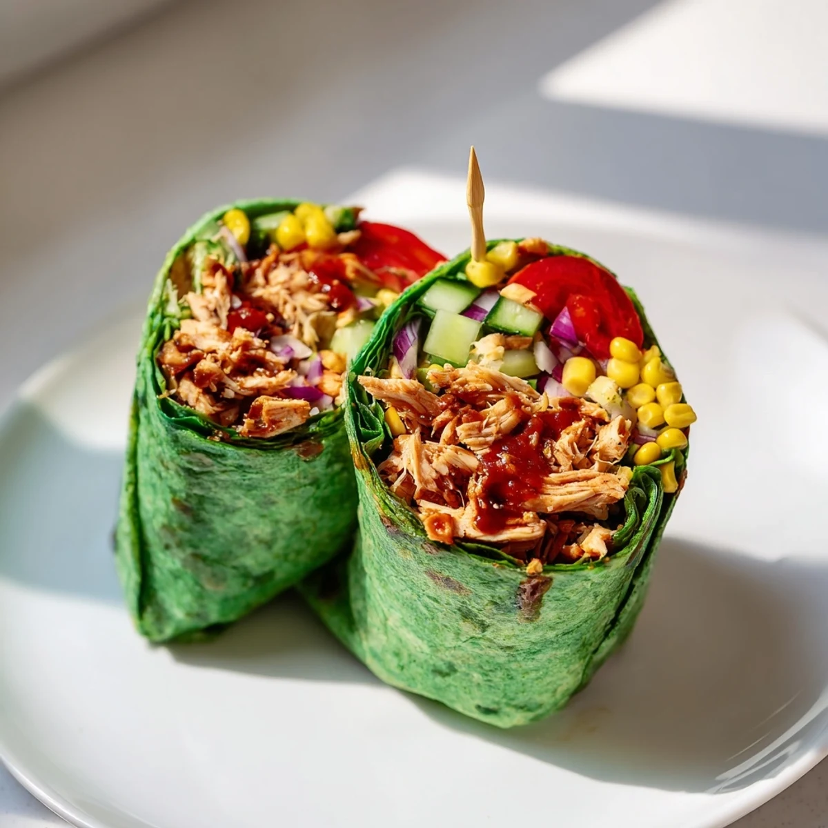 Colorful BBQ Chicken Salad Wrap sliced diagonally on a plate, revealing layers of smoky chicken, crisp romaine, corn, and red onion in a spinach tortilla.