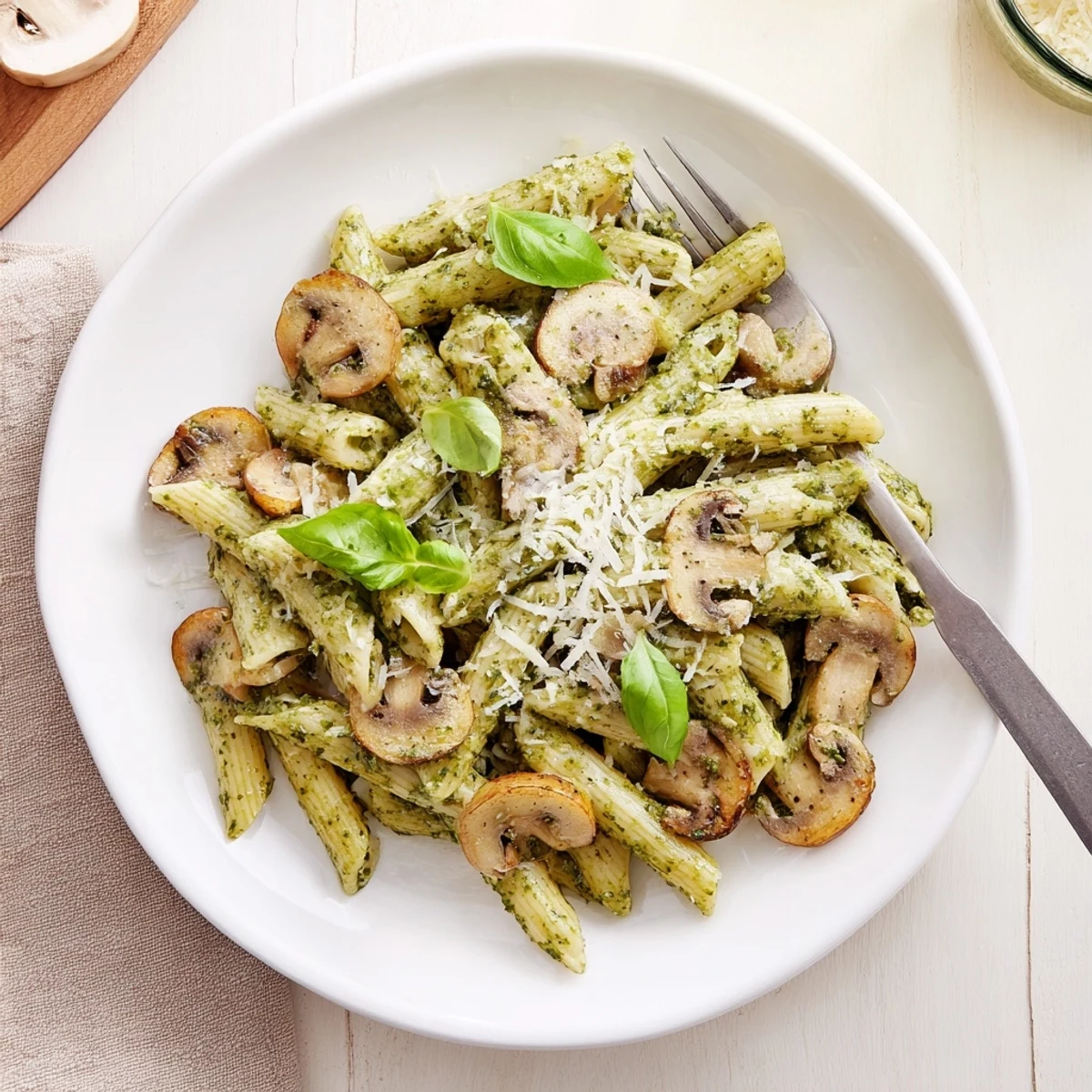 Golden sautéed mushrooms and creamy basil pesto sauce tossed with al dente penne, garnished with fresh basil and shaved Parmesan.  