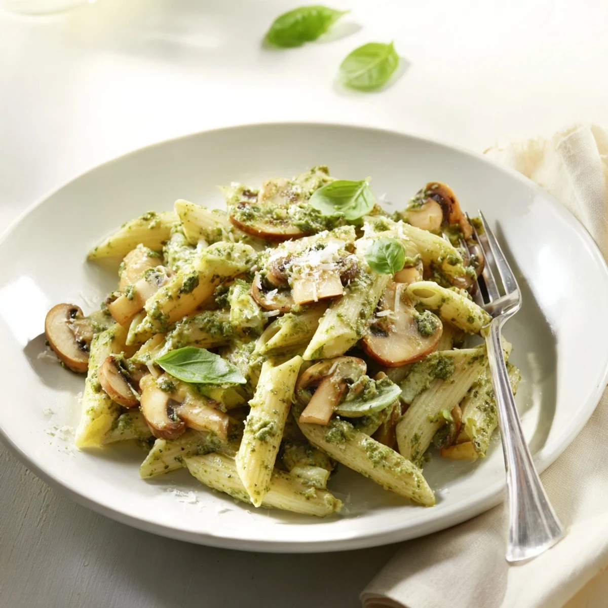 Steaming bowl of homemade mushroom pesto pasta featuring earthy cremini mushrooms, rich cream sauce, and savory Italian flavors.  