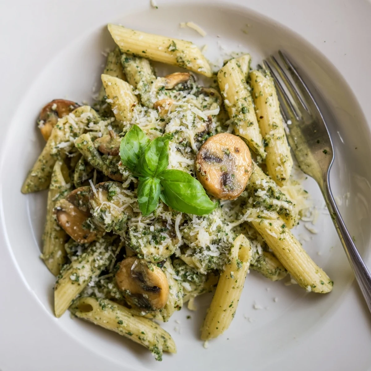 A close-up of vegetarian mushroom pesto pasta, highlighting the glossy basil sauce and perfectly cooked noodles ready to serve.