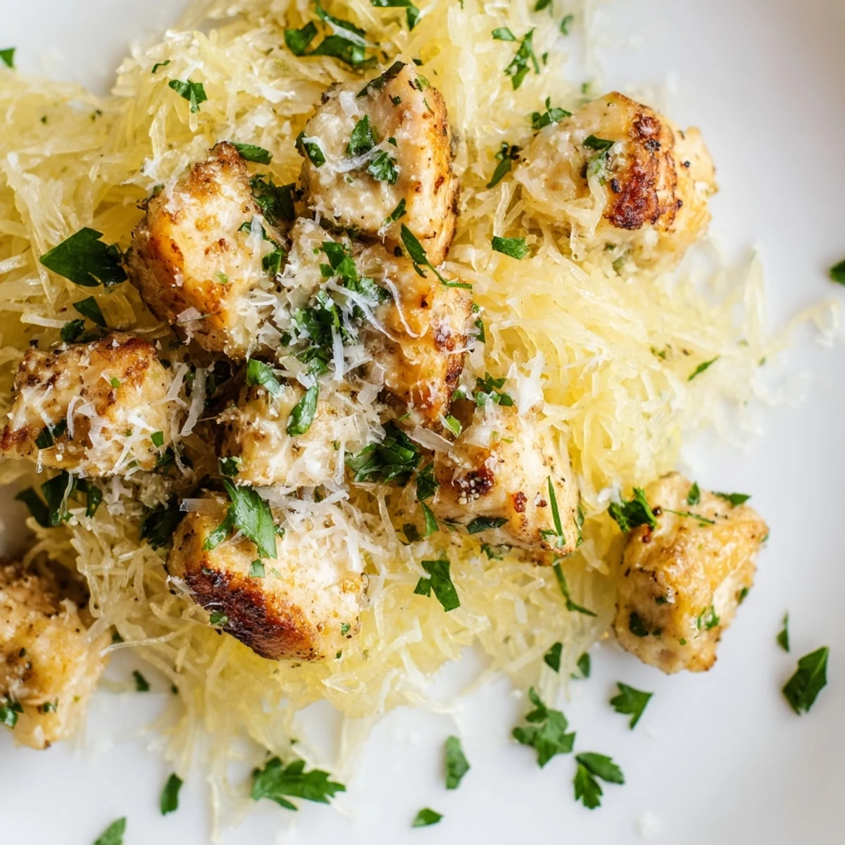 Tender lemon garlic chicken rests on a mound of roasted spaghetti squash strands, garnished with fresh parsley and grated Parmesan for a bright, savory bite.  