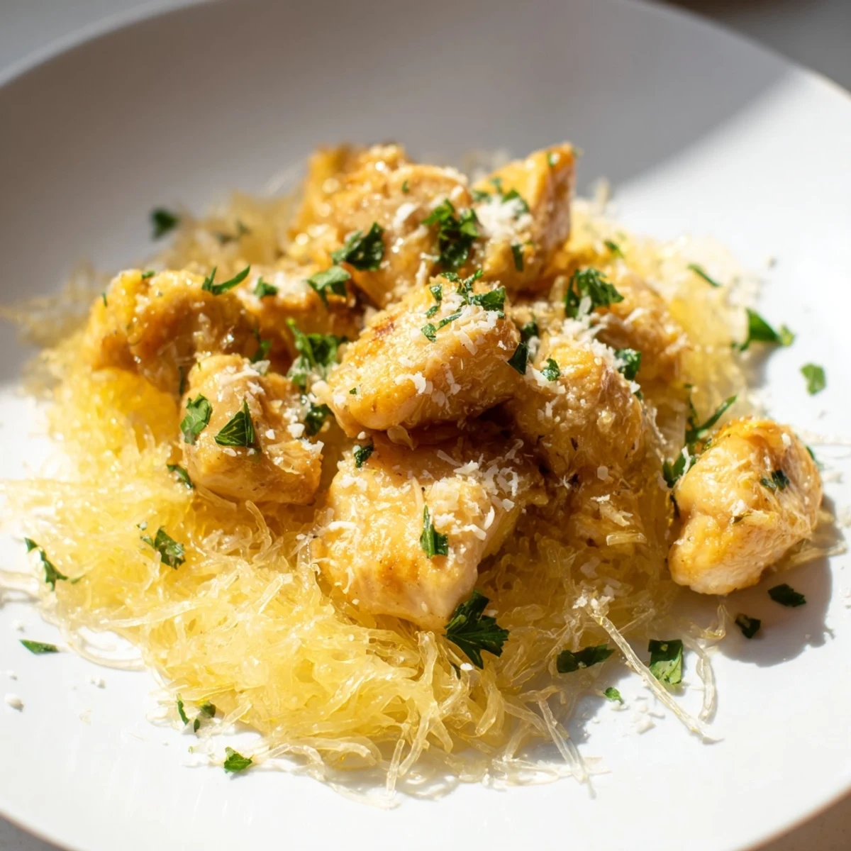 Gluten-free lemon garlic chicken spaghetti squash dinner served with extra lemon wedges and parsley, perfect for a light yet satisfying weeknight meal.