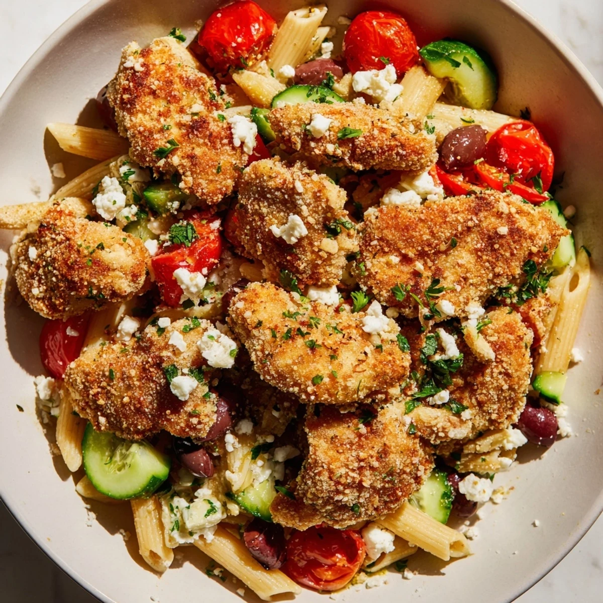 Golden crispy chicken bites atop a vibrant Greek pasta salad with tomatoes, cucumbers, and feta.