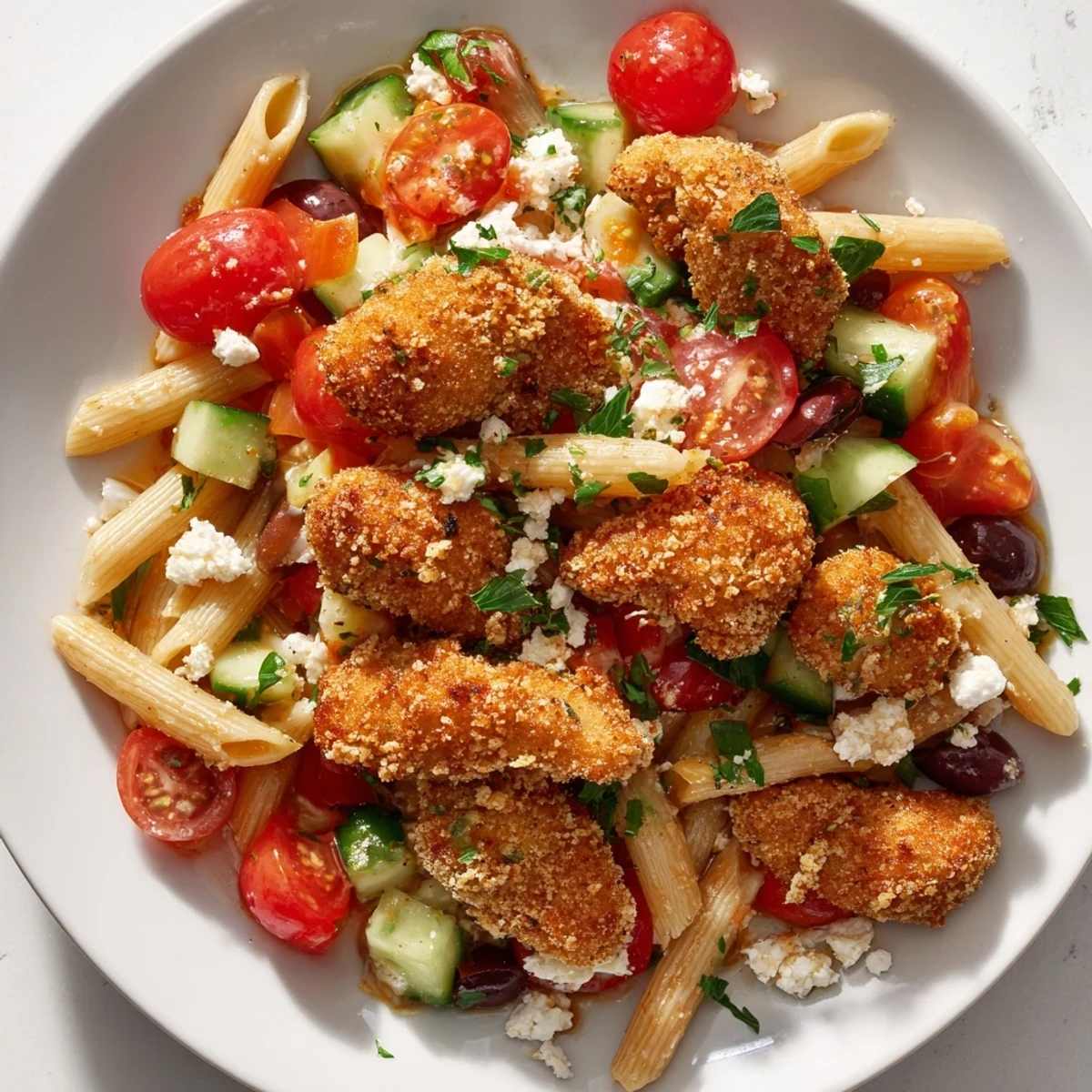 Delicious crispy chicken Greek pasta served with zesty dressing, perfect for a quick, colorful family dinner.
