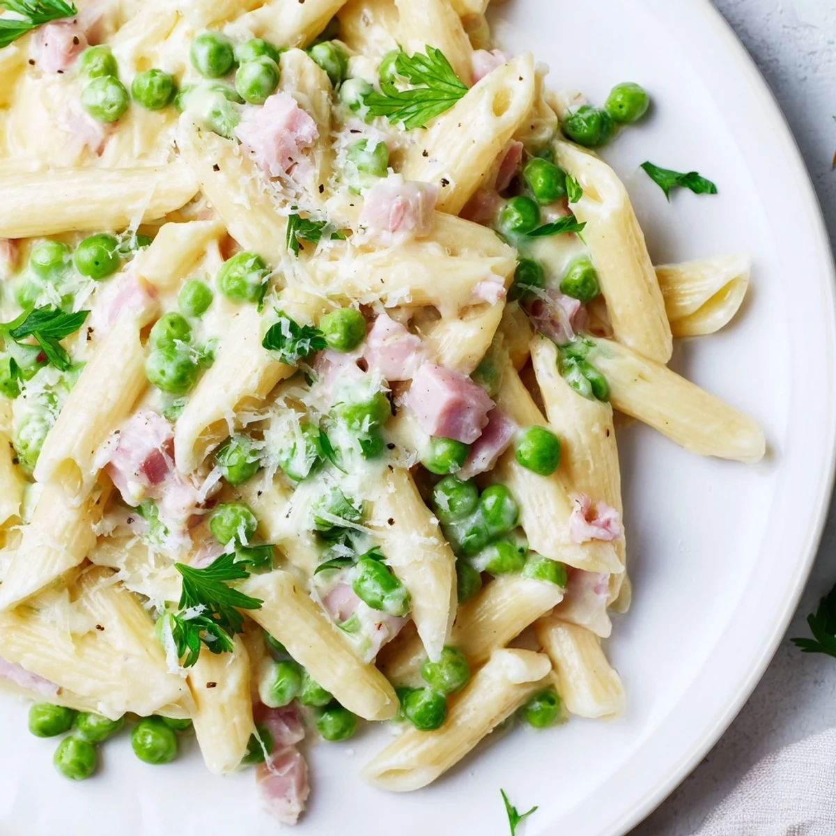 Creamy penne pasta tossed with sweet spring peas, diced savory ham, and fresh parsley in a rich parmesan sauce.