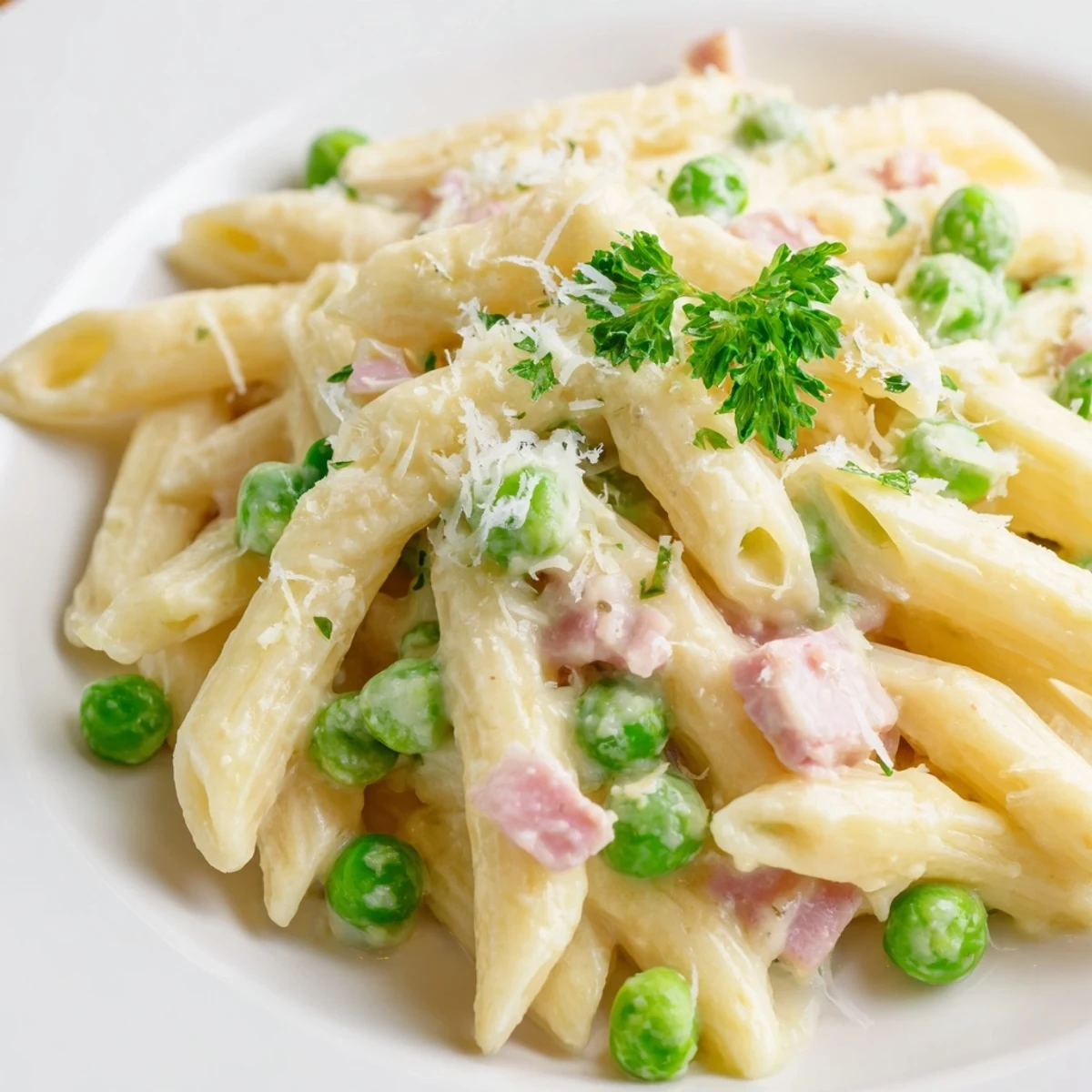 Hearty Spring Pea & Ham Pasta served in a white bowl, garnished with fresh parsley, ready for a comforting March dinner.