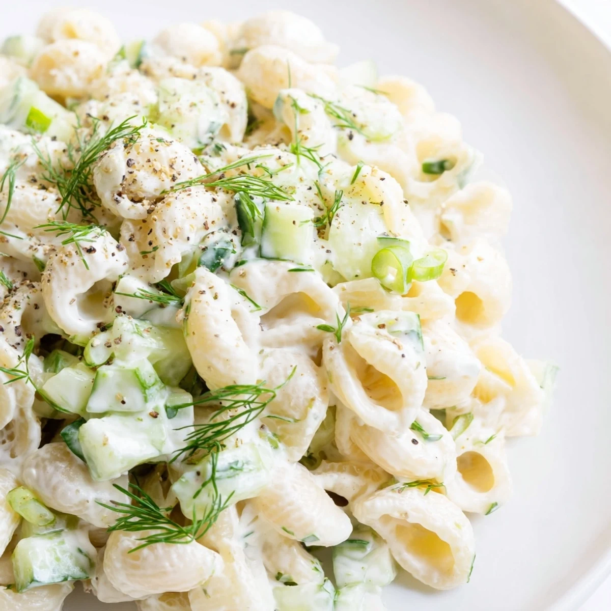 Cucumber Crunch Pasta Salad tossed with everything bagel seasoning, green onions, and creamy dressing, served chilled in a bright glass bowl.