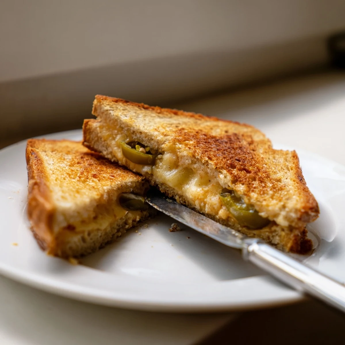 Two golden-brown sourdough sandwiches, stuffed with melted pepper jack cheese and chopped pickled jalapeños, rest on a wooden cutting board.