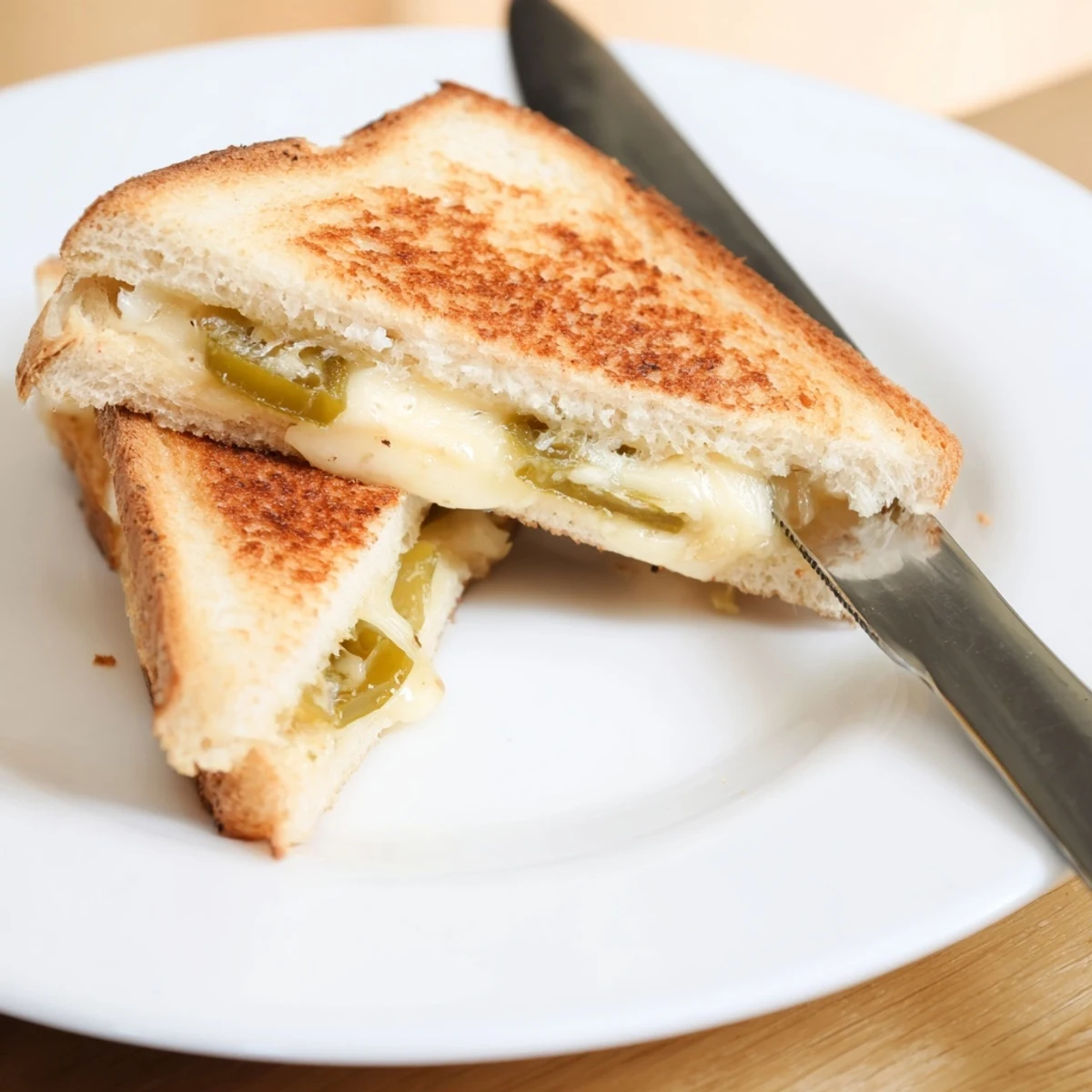 This classic American grilled cheese sandwich is served hot, with creamy pepper jack and tangy jalapeños creating a spicy, satisfying bite.