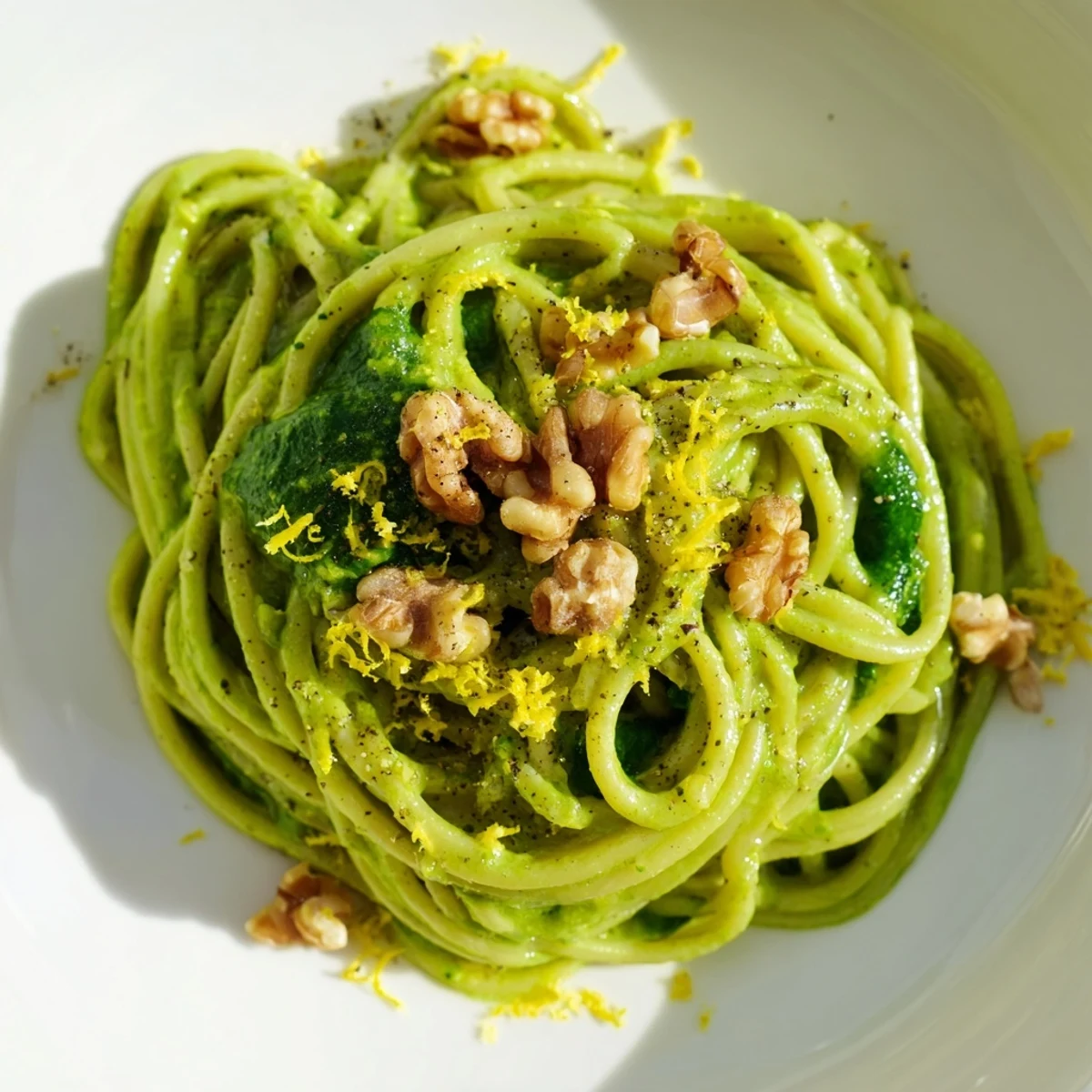 Steaming Creamy Spinach Walnut Pasta twirls on a fork, with toasted walnuts and a vibrant green sauce glistening in warm light.
