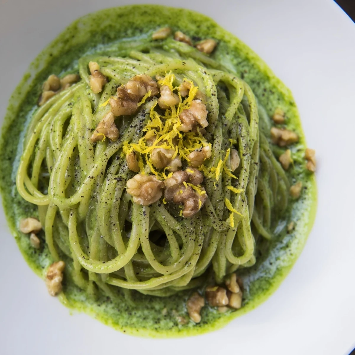 Vegan Creamy Spinach Walnut Pasta plated alongside a crisp green salad and a glass of white wine for a weeknight dinner.