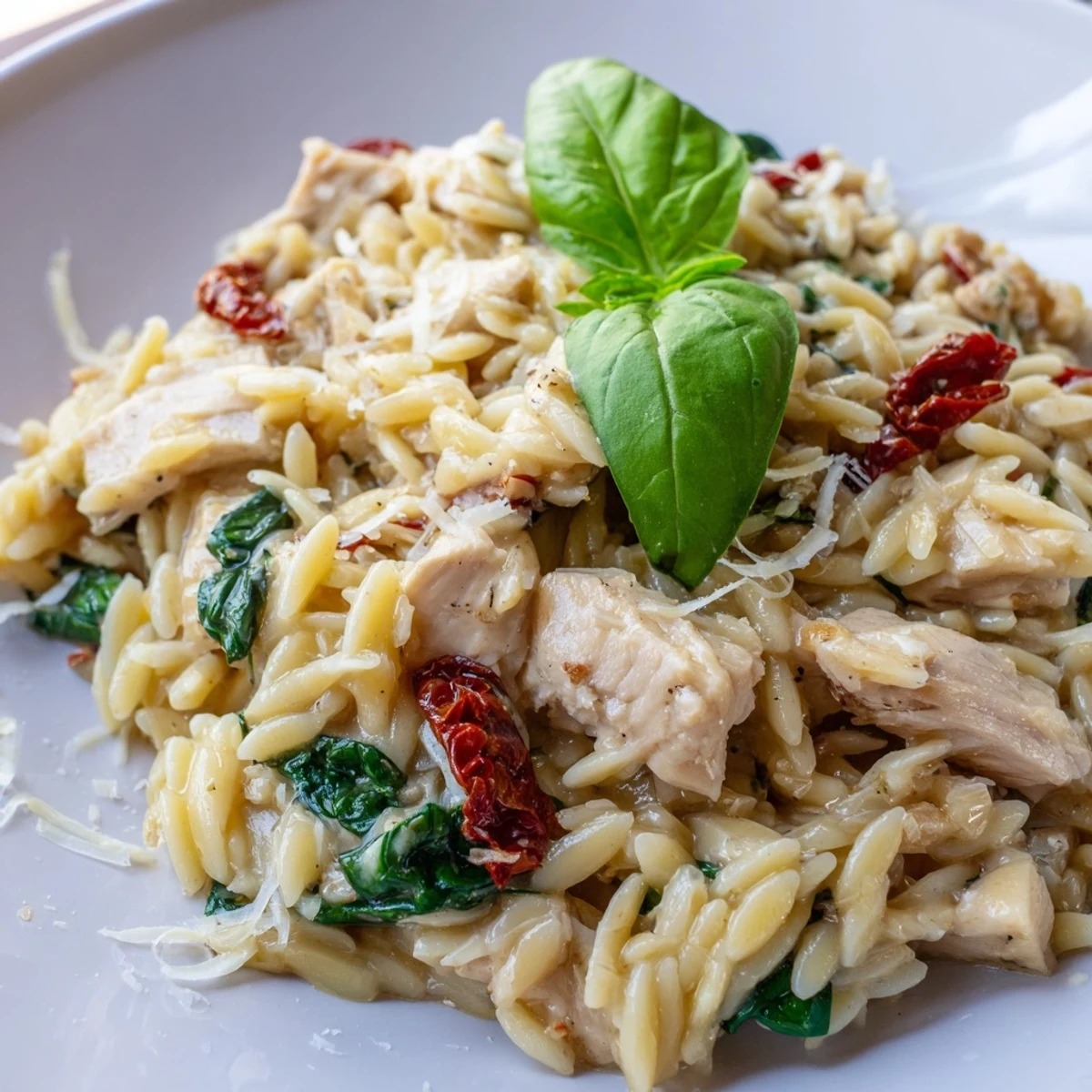 Golden-brown Tuscan Chicken Orzo simmering in a creamy sauce with sun-dried tomatoes, spinach, and fresh basil garnish.