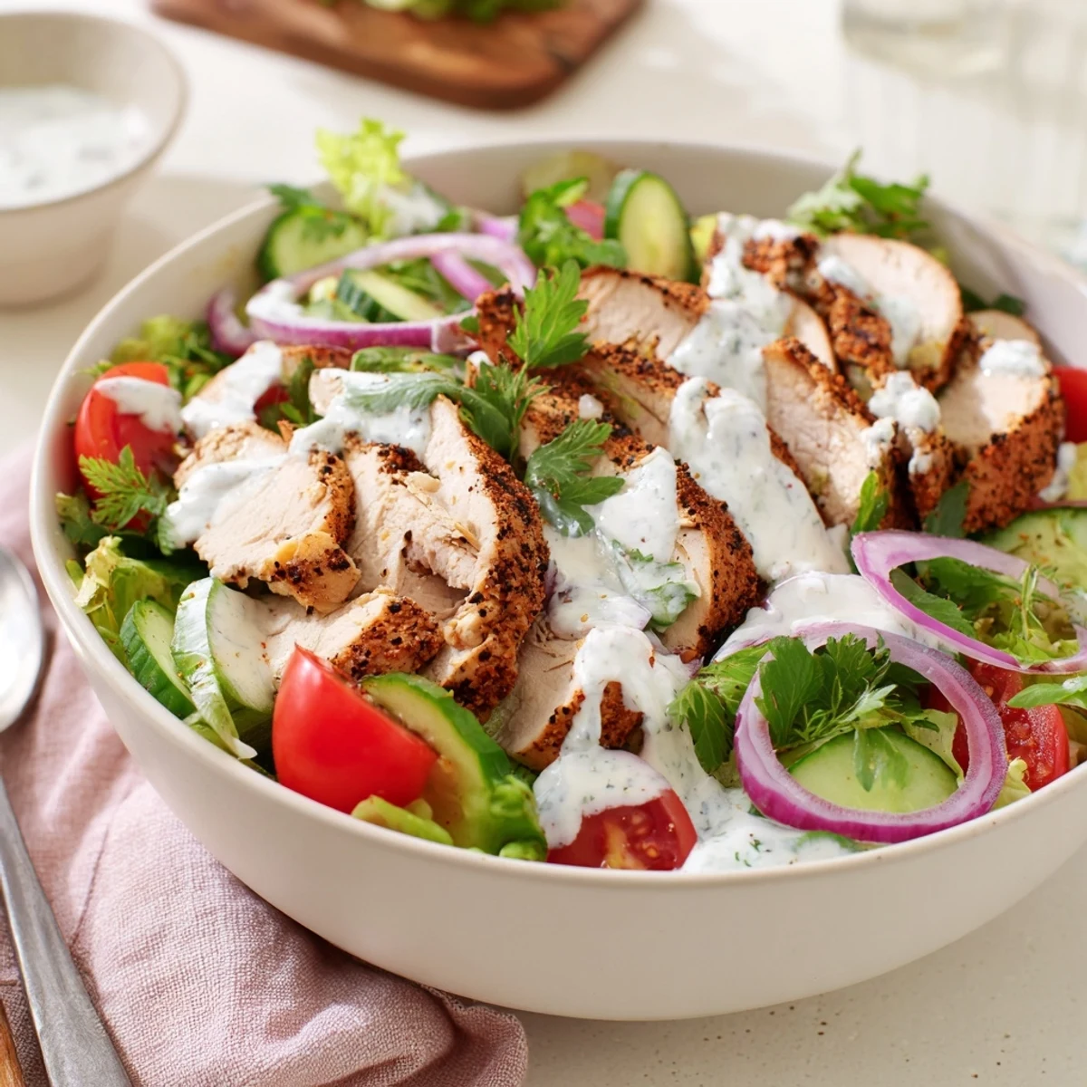 A vibrant bowl of Chicken Shawarma Salad with spiced grilled chicken, fresh greens, and creamy garlic sauce.