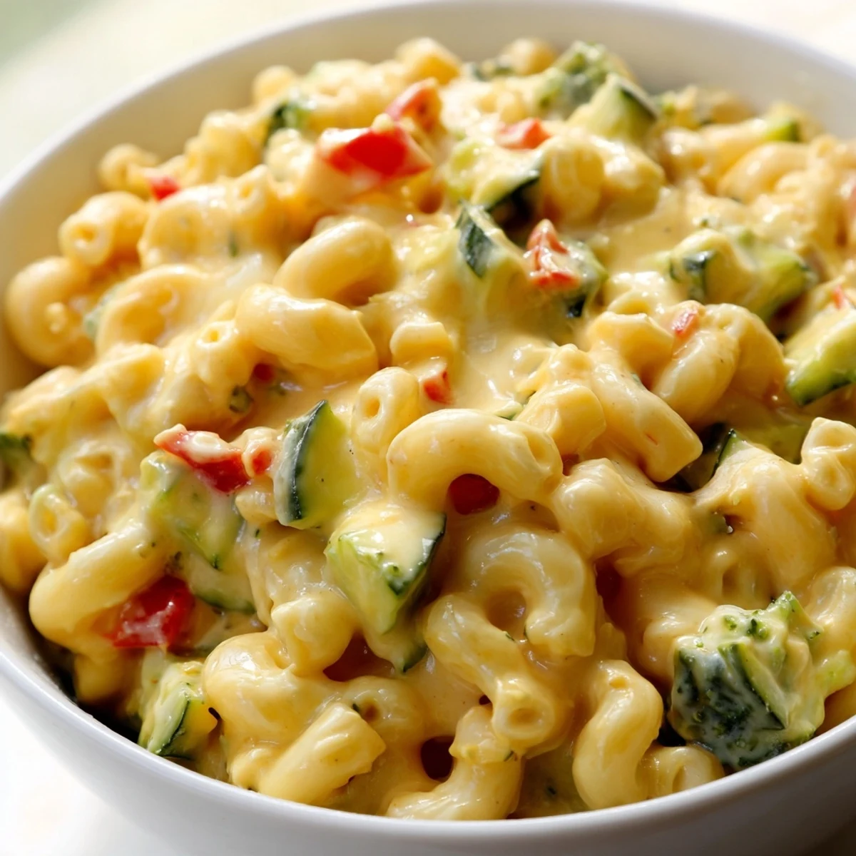 The baked mac and cheese features caramelized bell pepper and broccoli florets tossed in a rich, velvety cheese sauce.