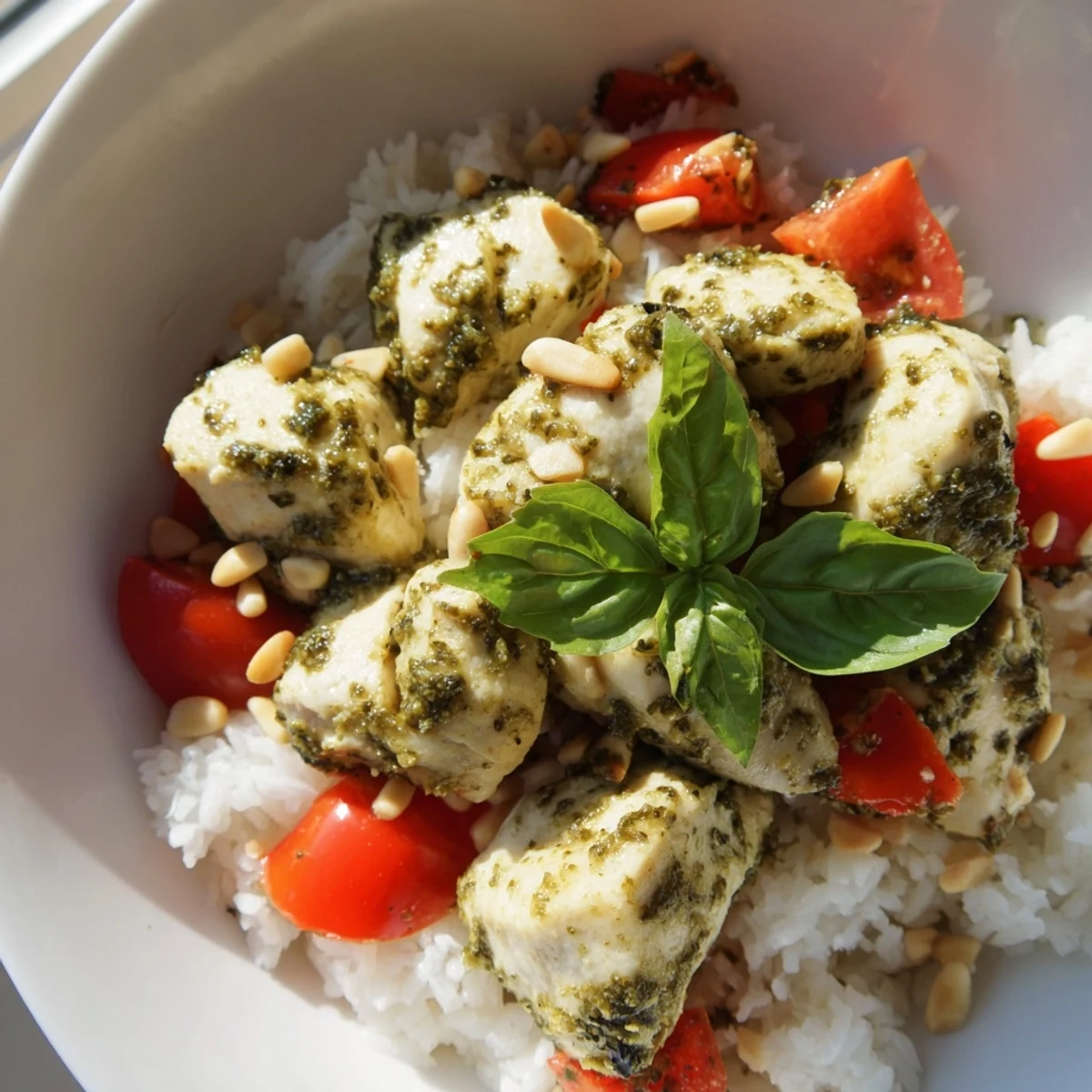 Fresh, tender chicken coated in basil pesto sits atop warm rice, garnished with juicy diced tomatoes and pine nuts.
