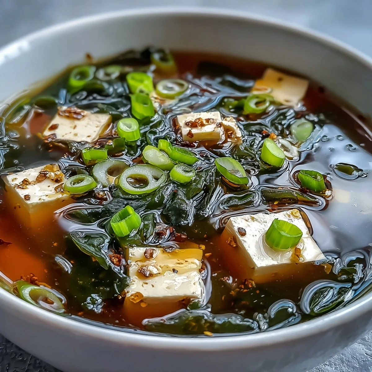 Silken tofu cubes and tender wakame seaweed swim in steaming miso soup with tofu, garnished with fresh scallions.